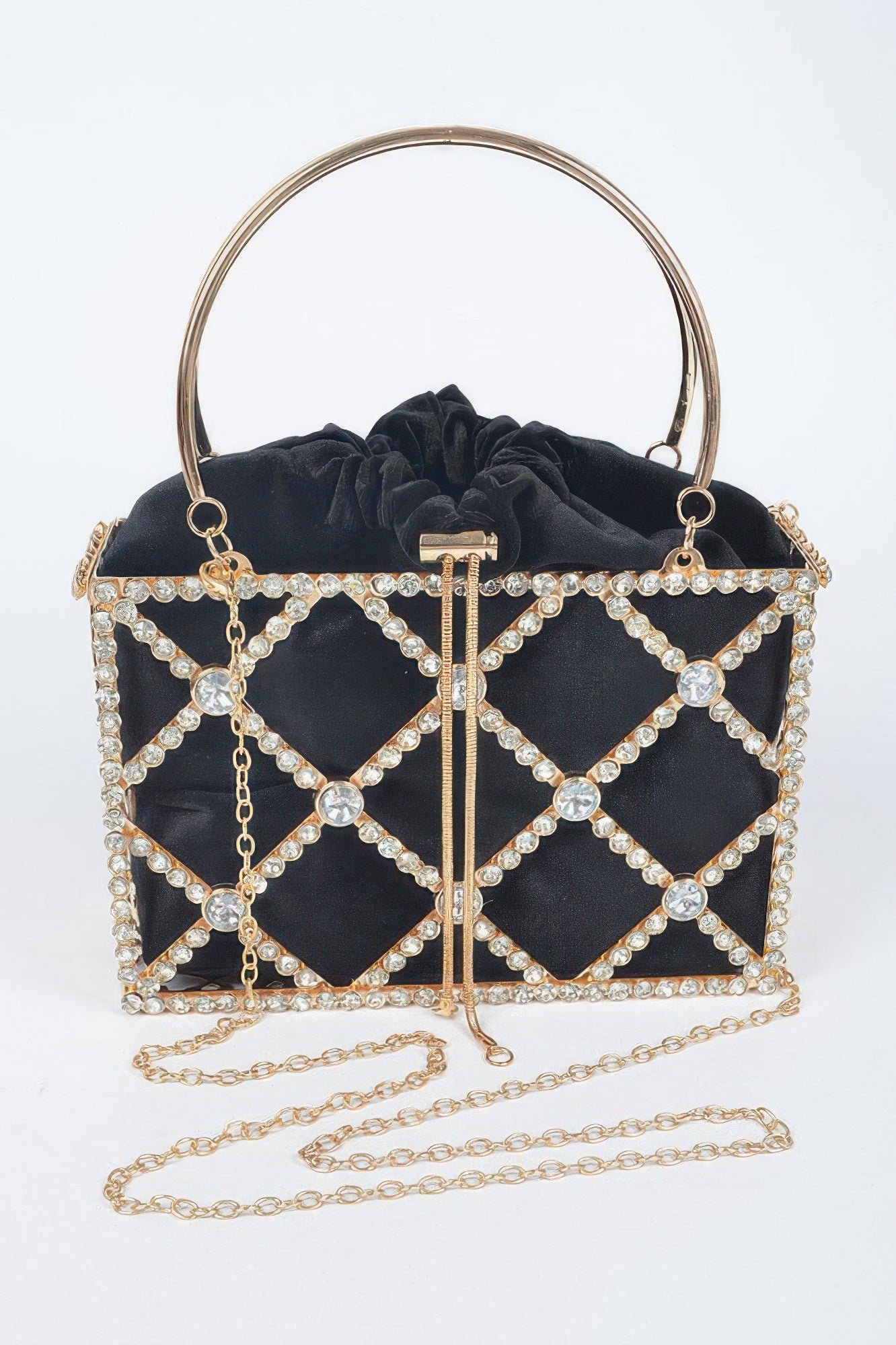 Black rhinestone metal frame clutch with top handle and chain, heart lattice front