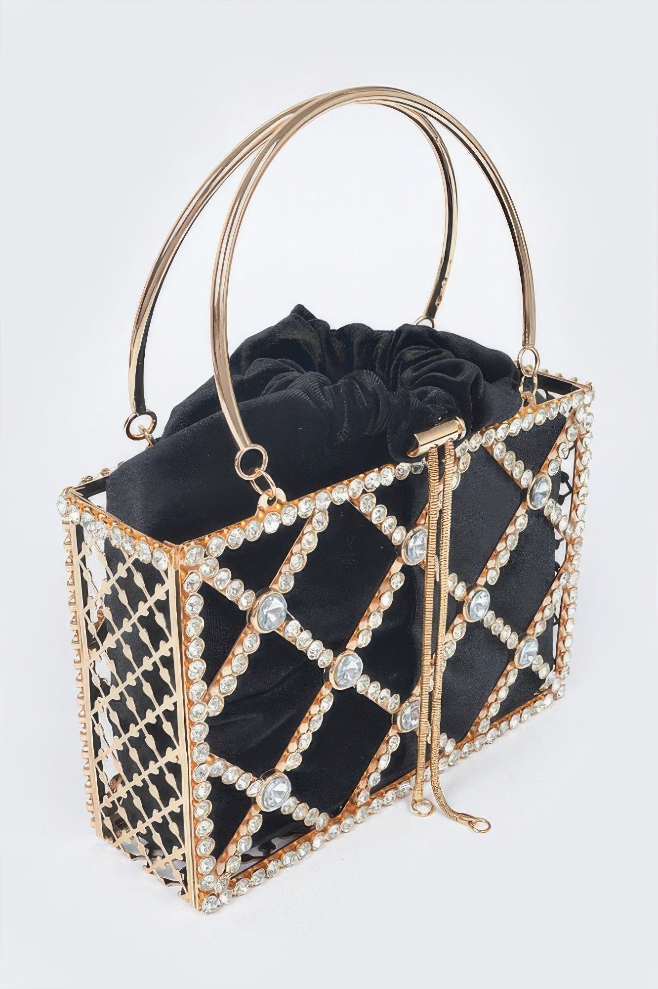 Black rhinestone metal frame clutch, geometric lattice sides, long chain strap