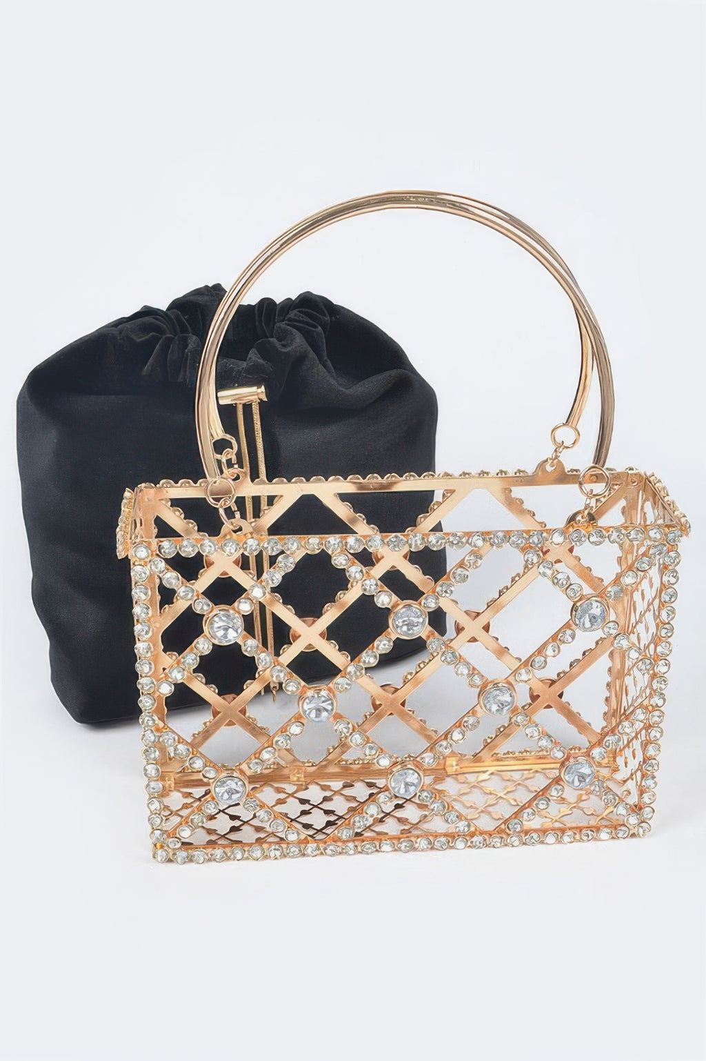 Black and gold rhinestone metal frame clutch with curved handle and black fabric pouch