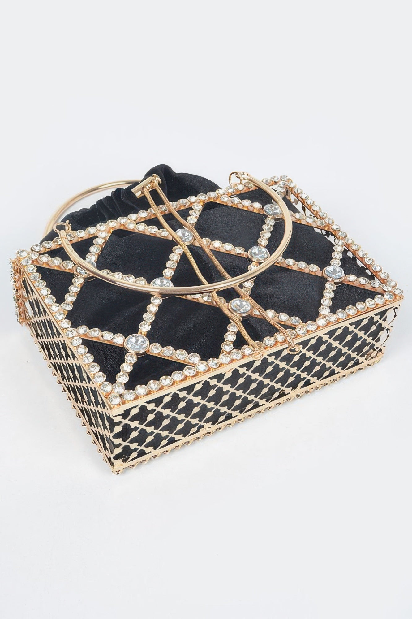 Black rhinestone metal frame clutch with gold tone snap clasp and chain handle