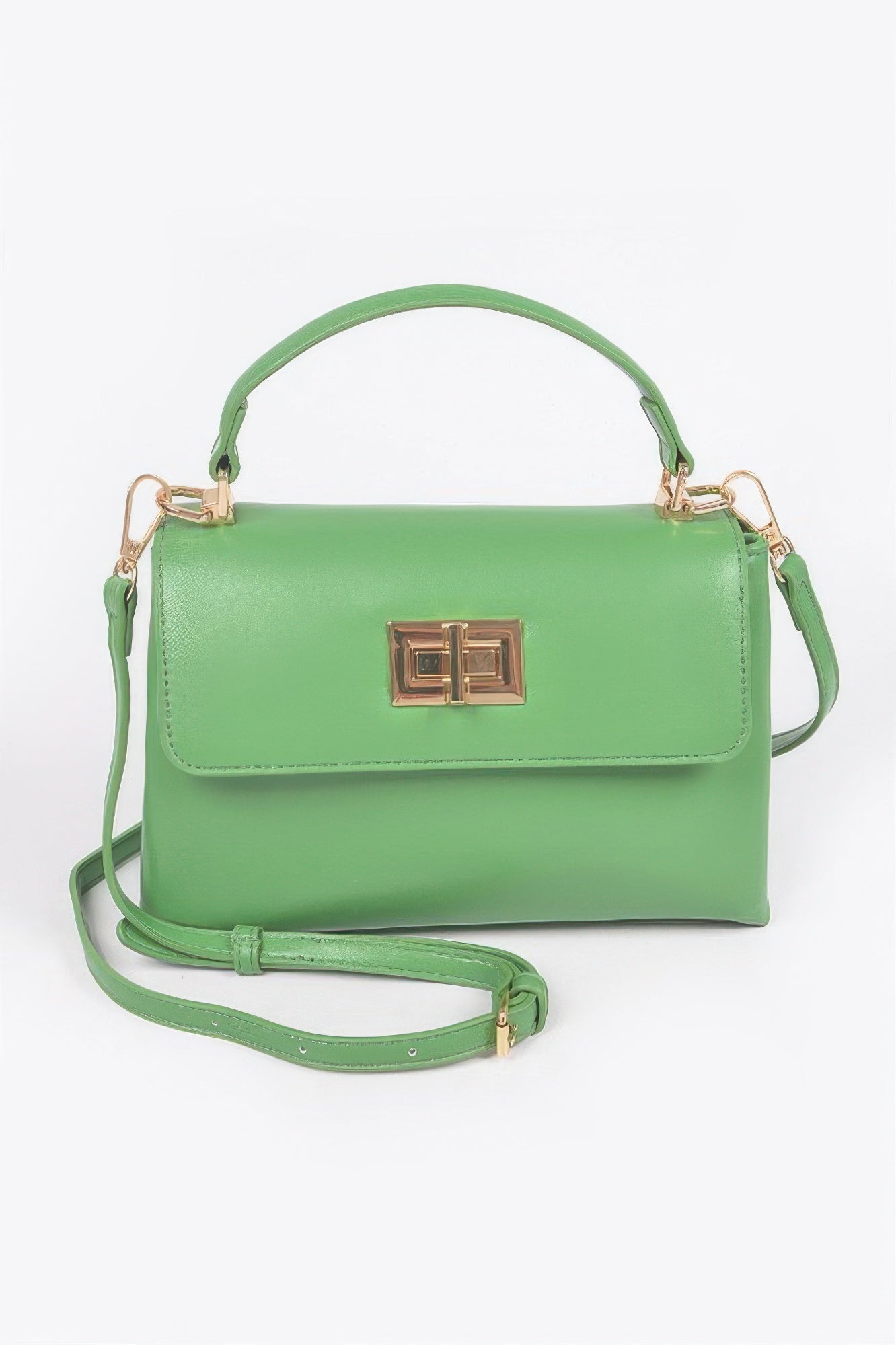 Green faux leather flap bag with gold square clasp and adjustable shoulder strap