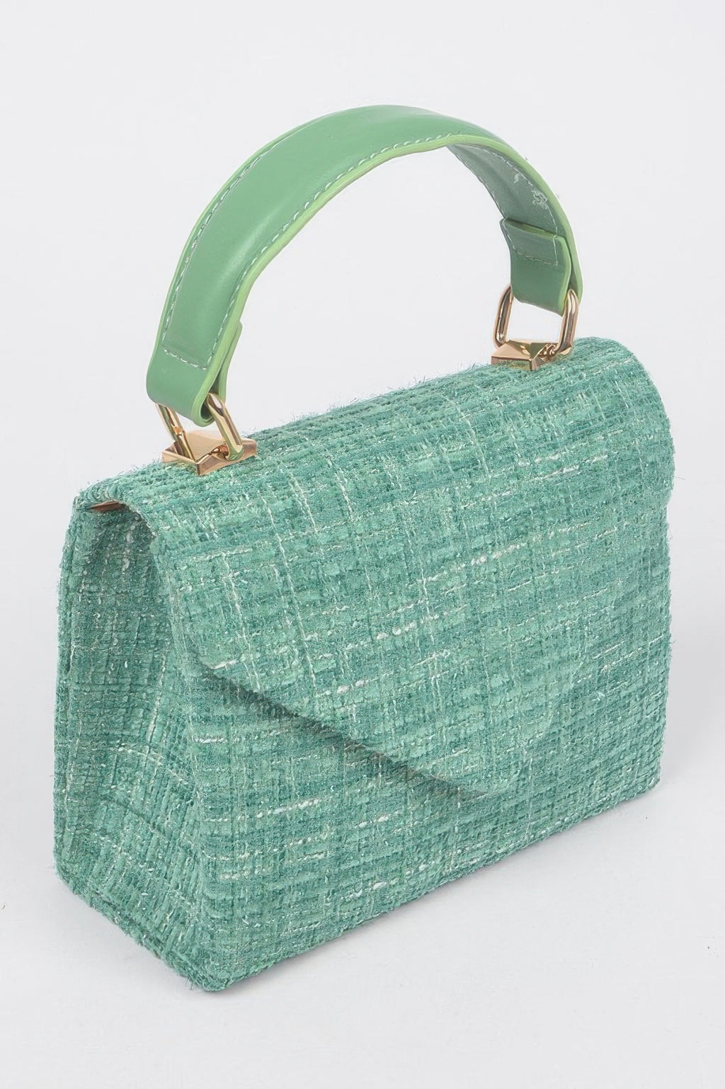 Green tweed top handle bag with curved handle and gold-tone hardware; side view