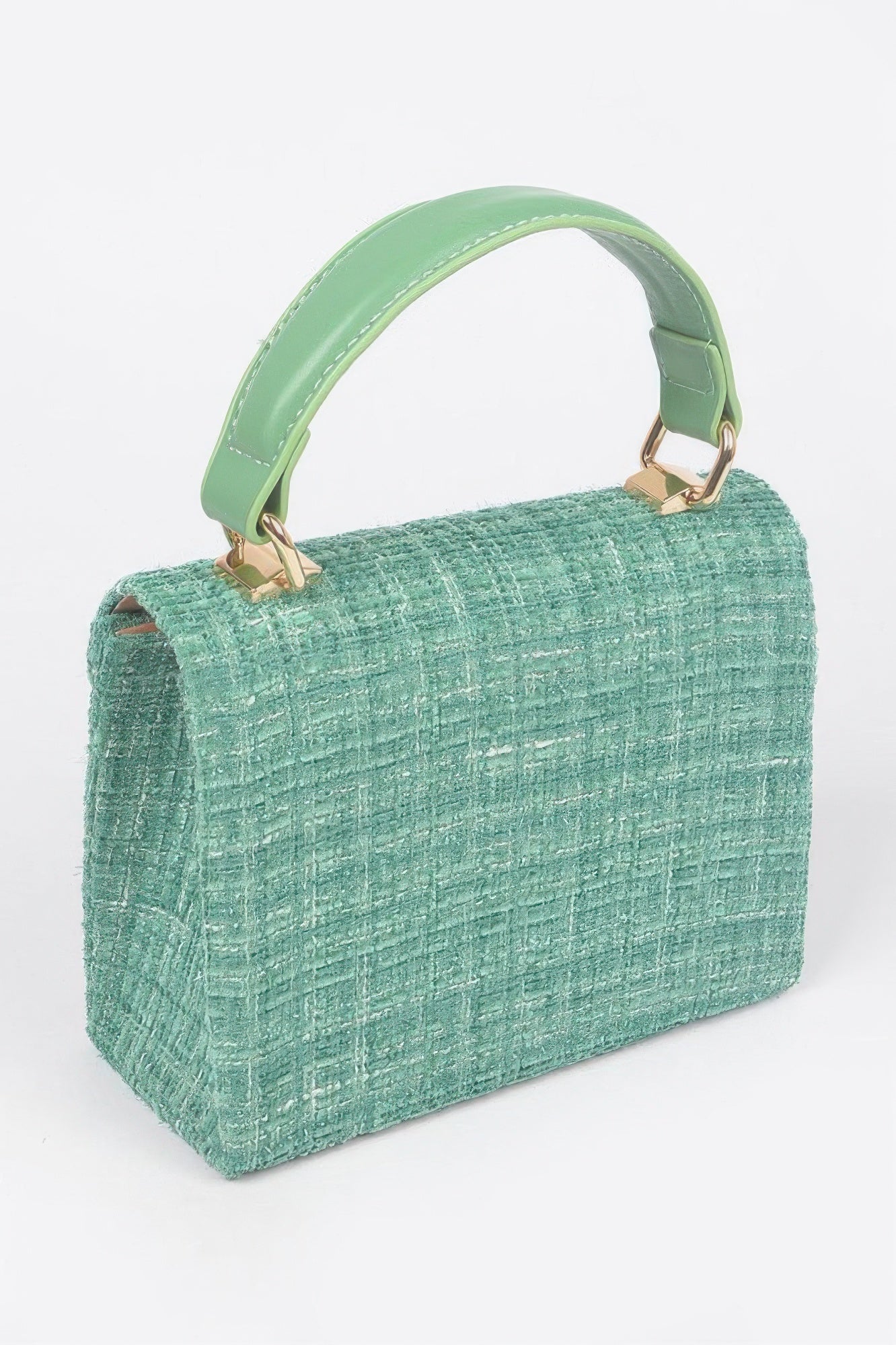 Green tweed top handle bag, structured rectangular shape, with top handle and gold clips