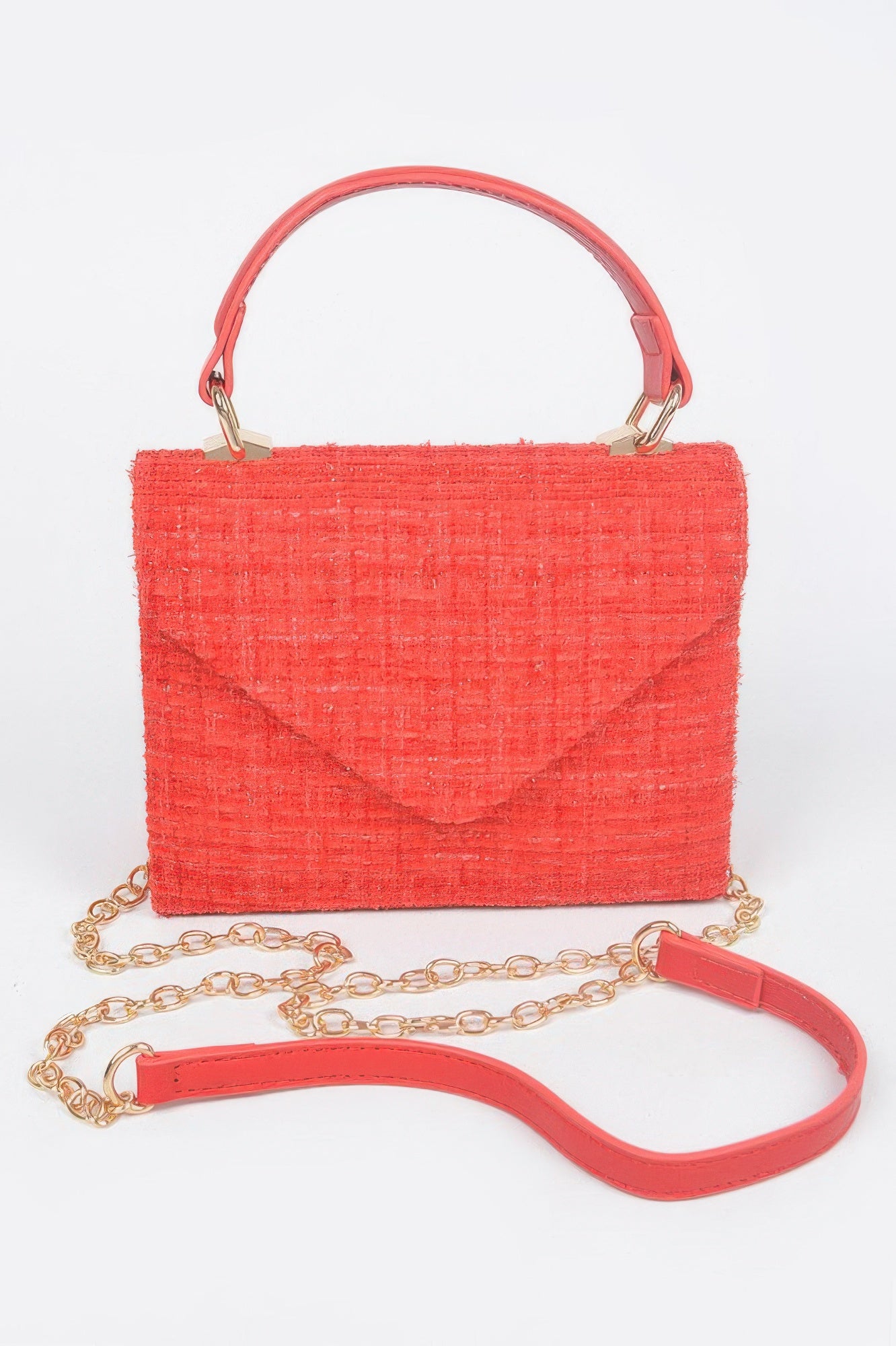 Red tweed top handle bag with top handle, gold chain strap, and flap closure