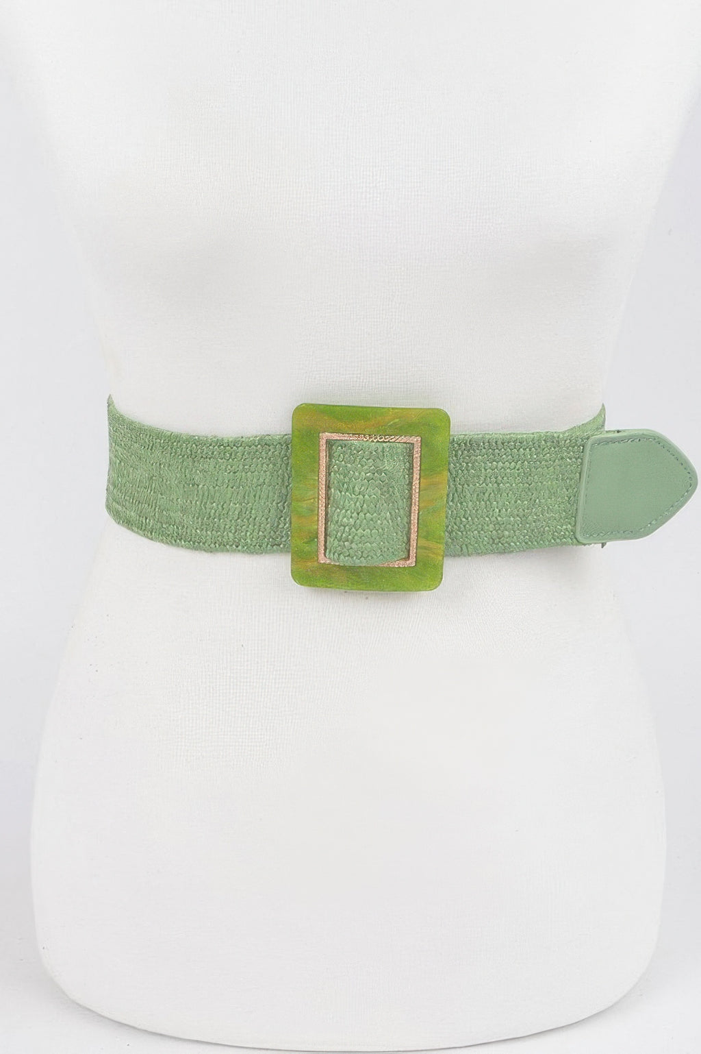 Square stretch belt with square buckle, green fabric strap and tan hardware.