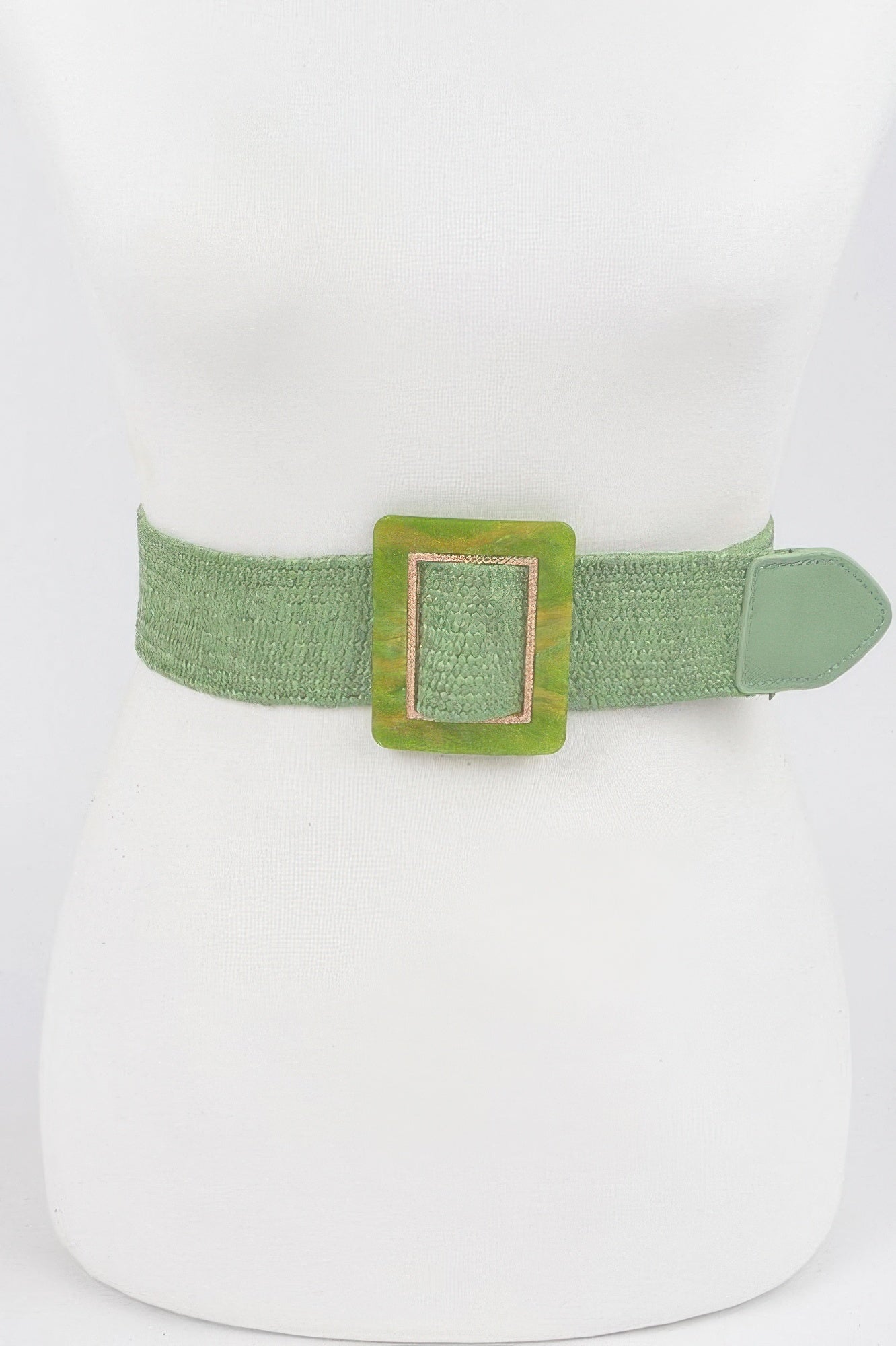 Square stretch belt with square buckle, green fabric strap and tan hardware.