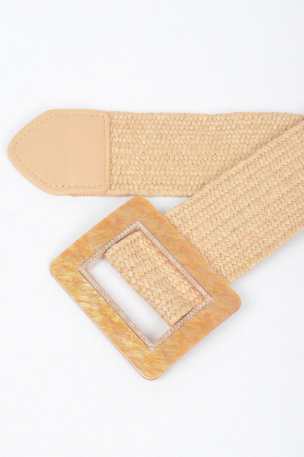 Khaki stretch belt close-up: woven strap with square buckle and tan frame.