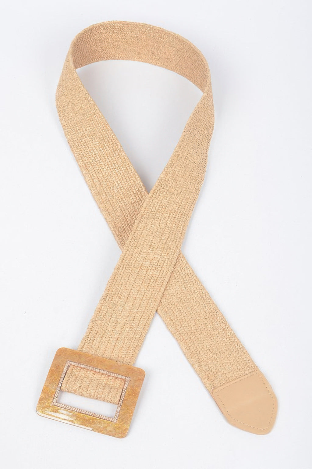 Khaki stretch belt with square buckle and faux-leather keeper at one end.
