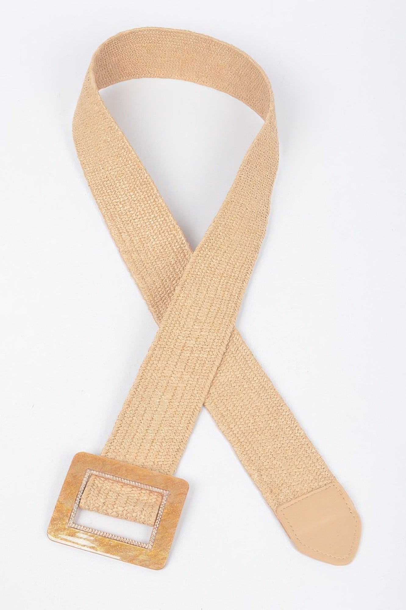 Khaki stretch belt with square buckle and faux-leather keeper at one end.