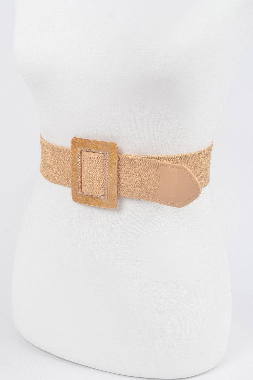 Khaki square buckle stretch belt with tan keeper and rounded end tab.