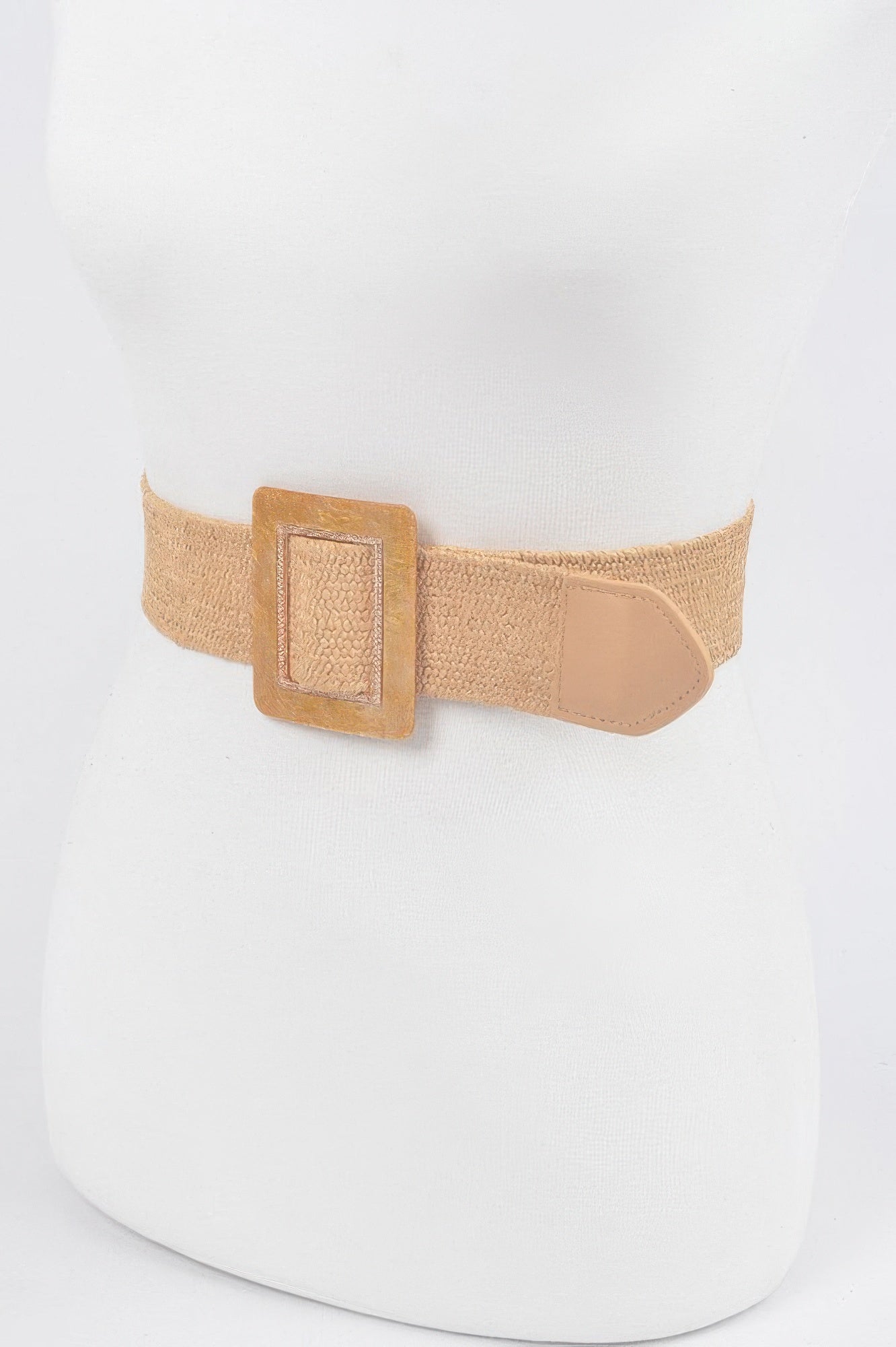 Khaki square buckle stretch belt with tan keeper and rounded end tab.