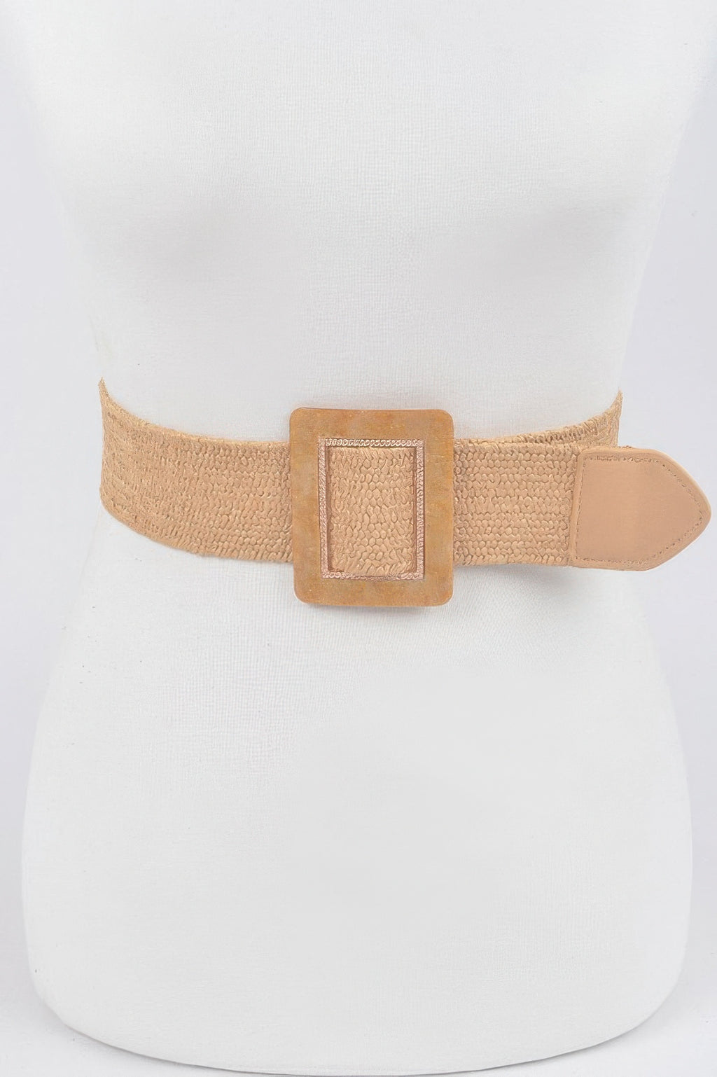 Khaki stretch belt with centered square buckle and tan leather end tab.