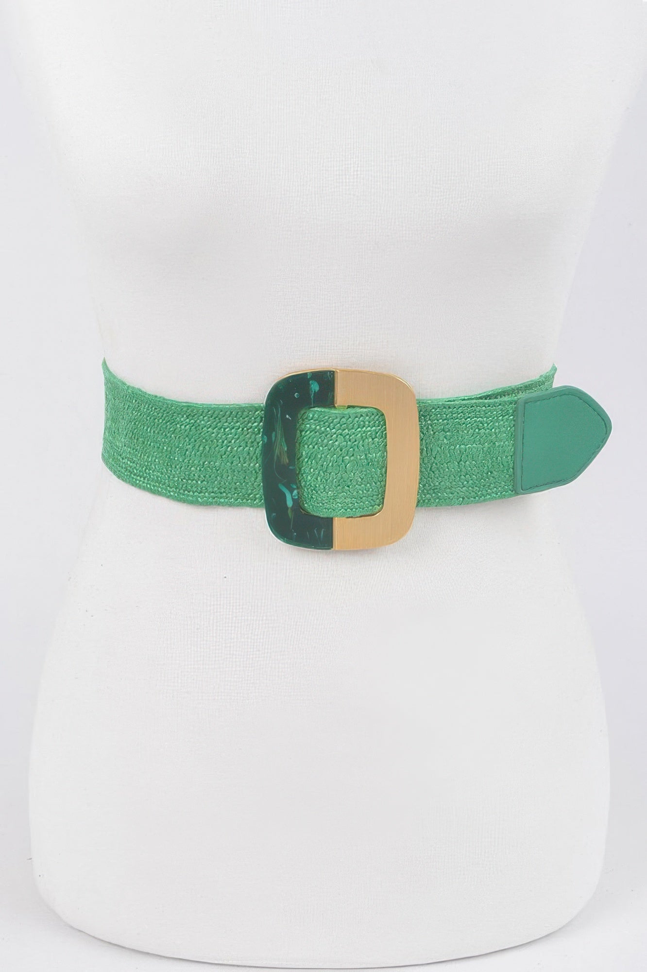 Square metal buckle stretch belt, green fabric with gold-and-dark buckle