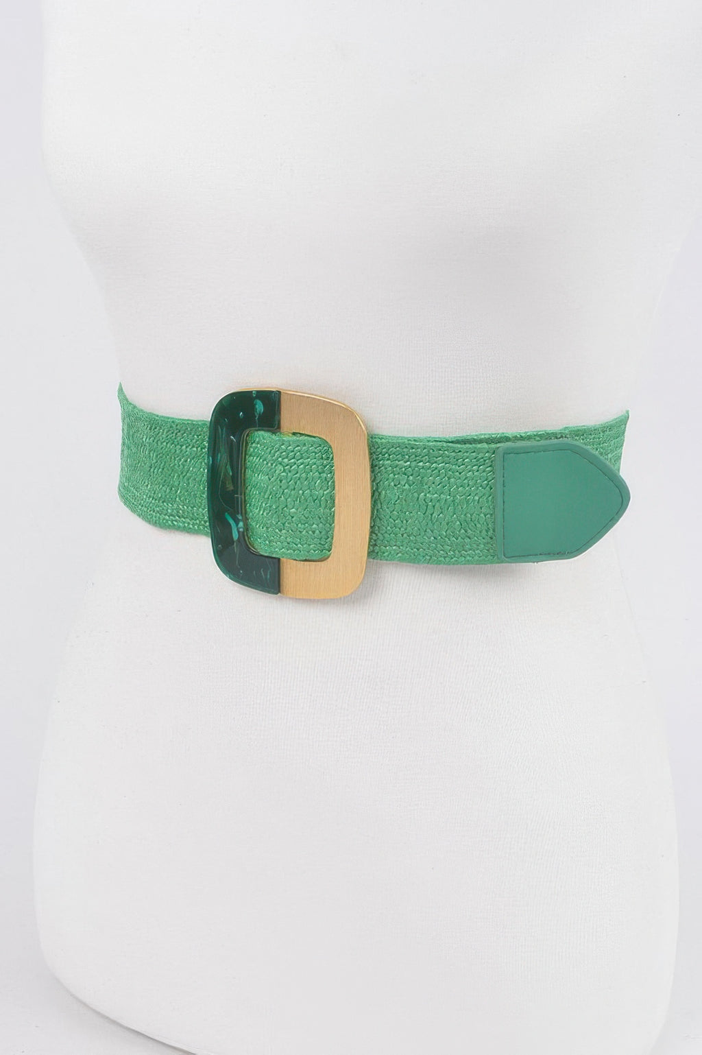Square buckle stretch belt, green strap with teal end tab and gold-dark buckle