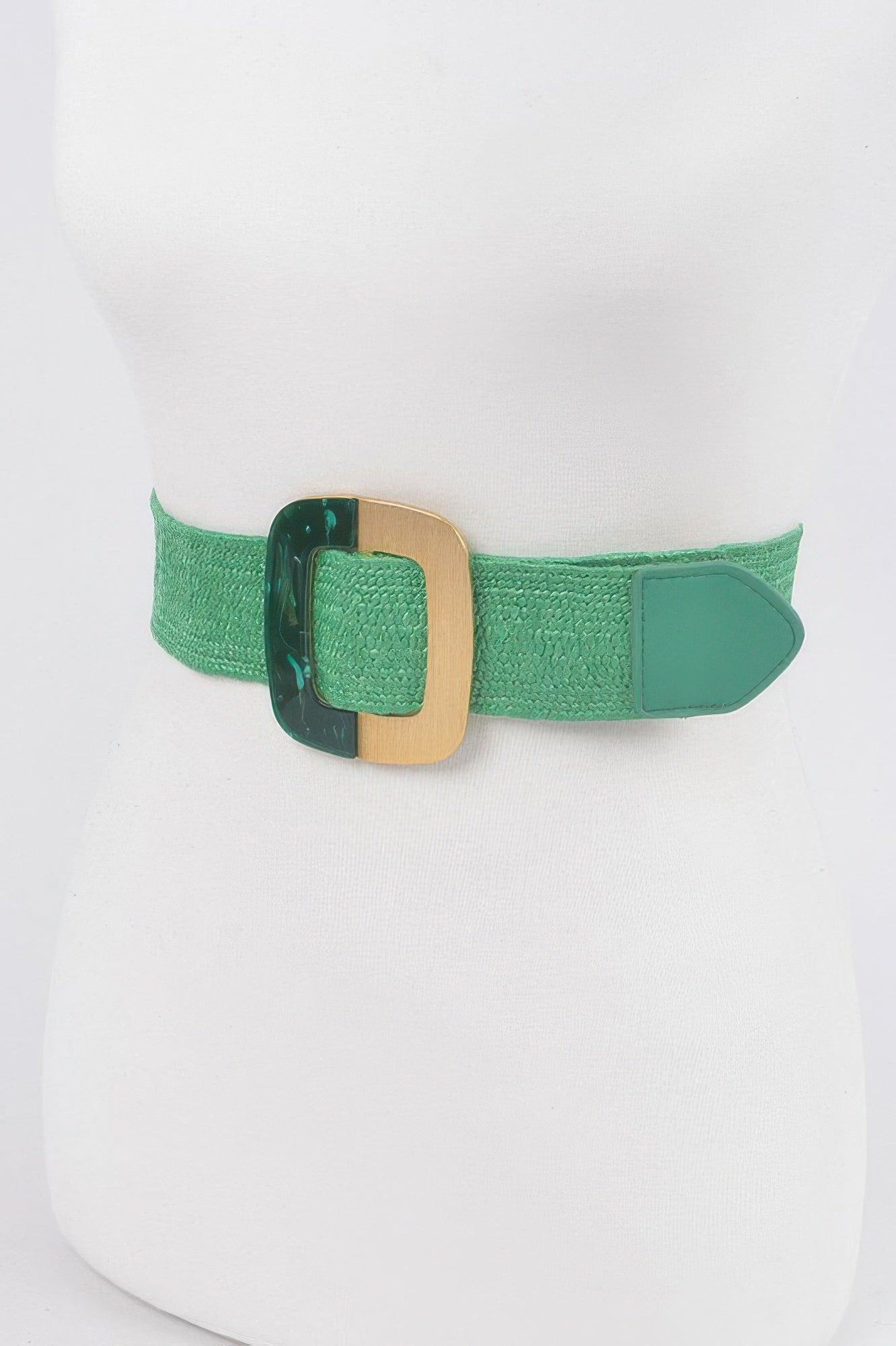 Square buckle stretch belt, green strap with teal end tab and gold-dark buckle