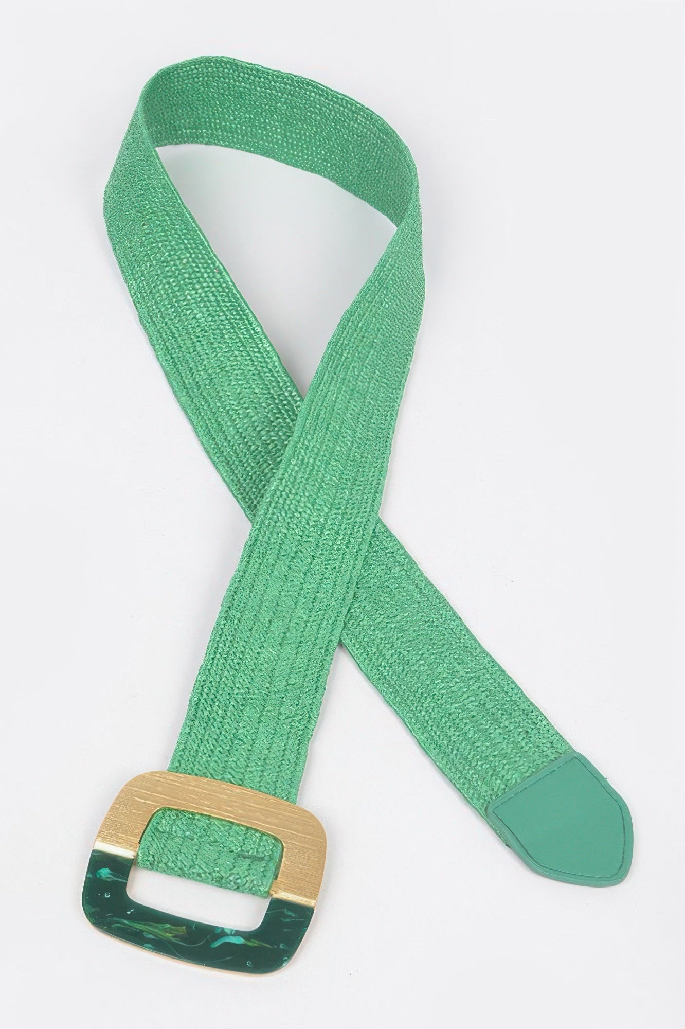 Green stretch belt with square metal buckle, flat lay showing strap and clasp