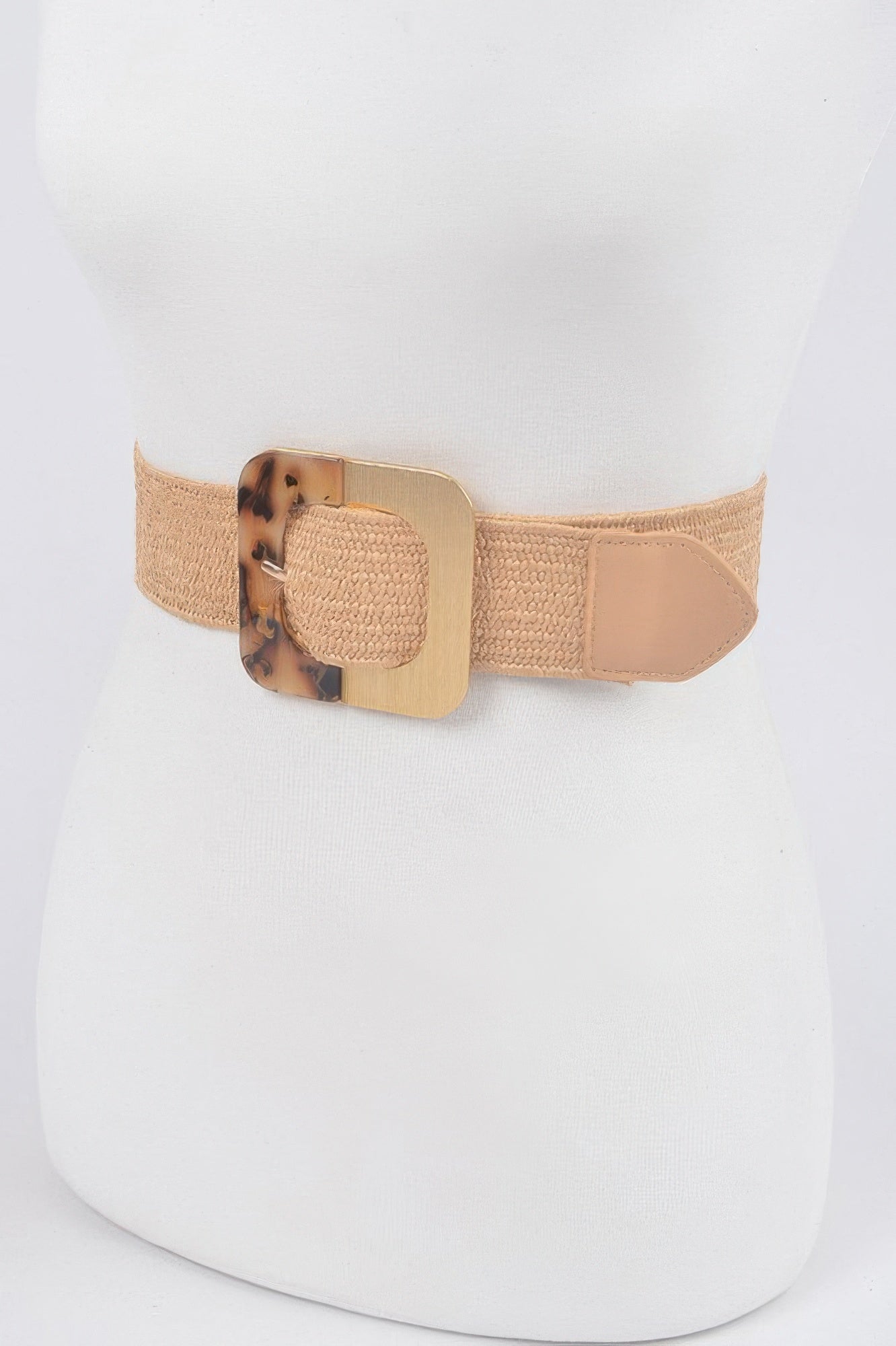 Brown woven stretch belt with square metal buckle and tan side patch