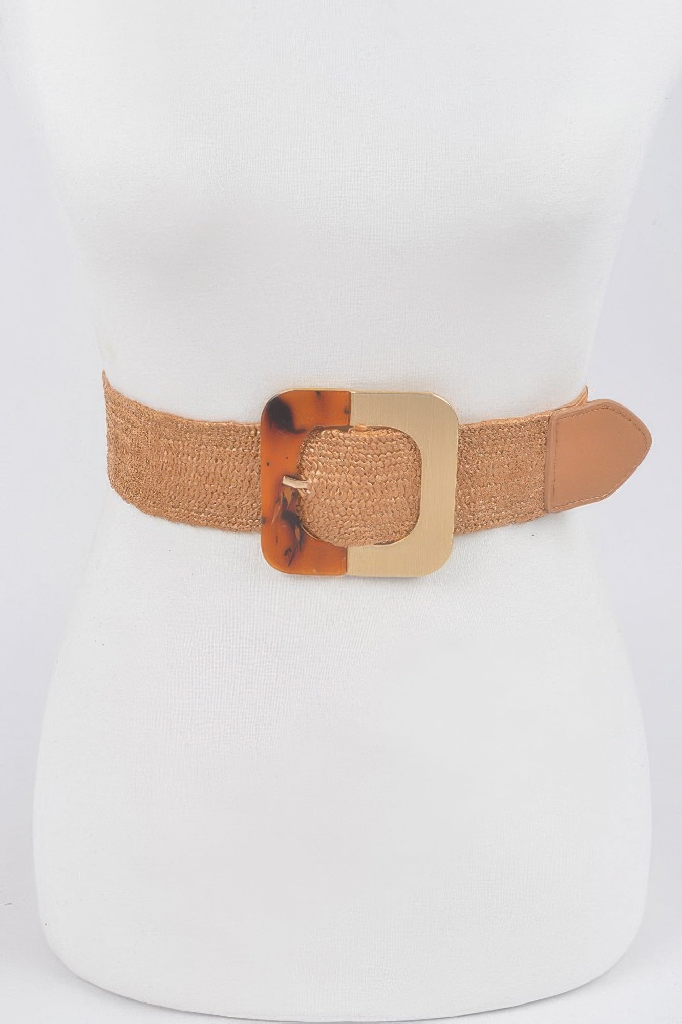 Brown stretch belt with square metal buckle and tan strap ends