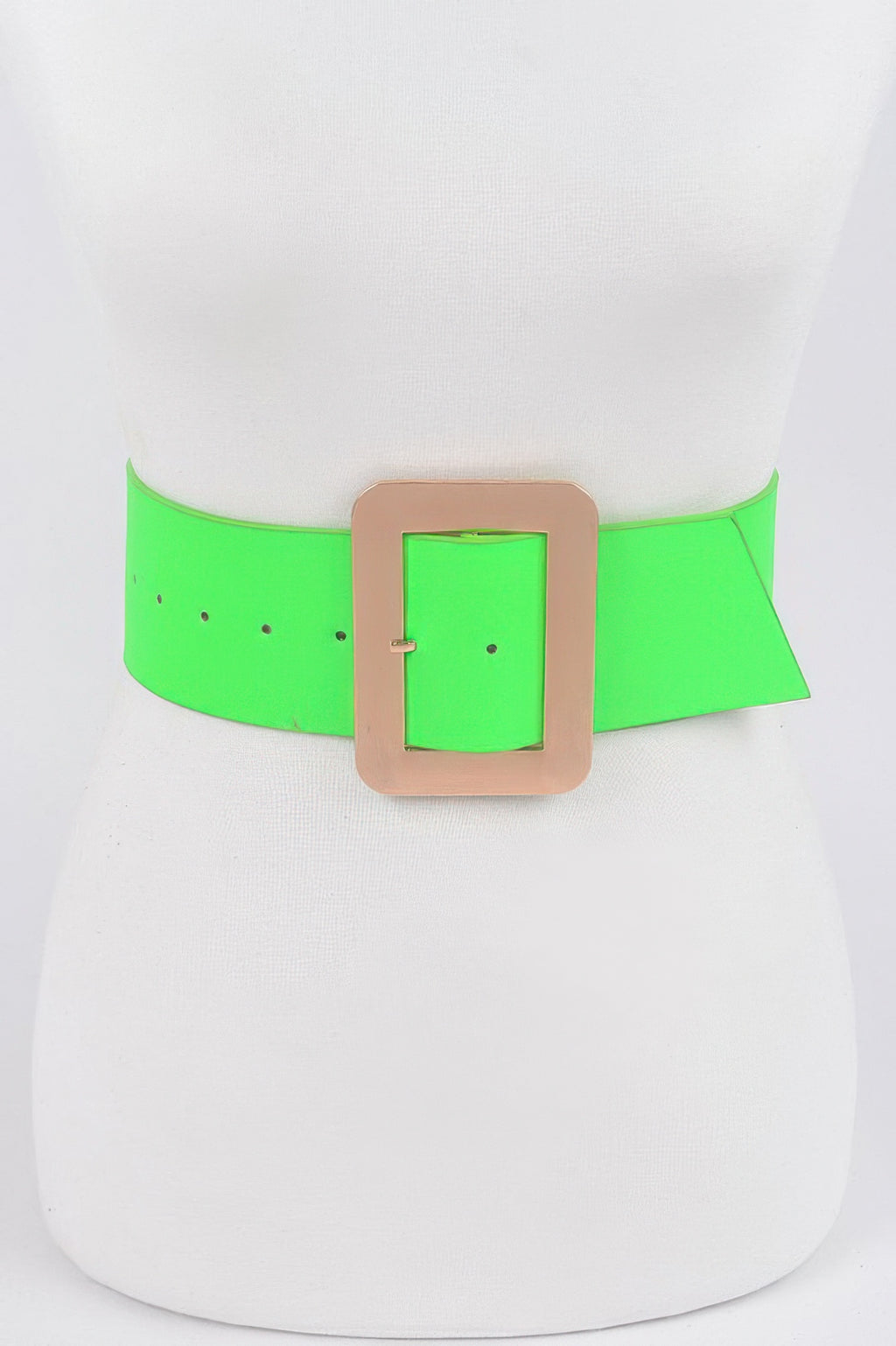 Neon green waist belt with rectangular beige buckle and metal pin, one-size