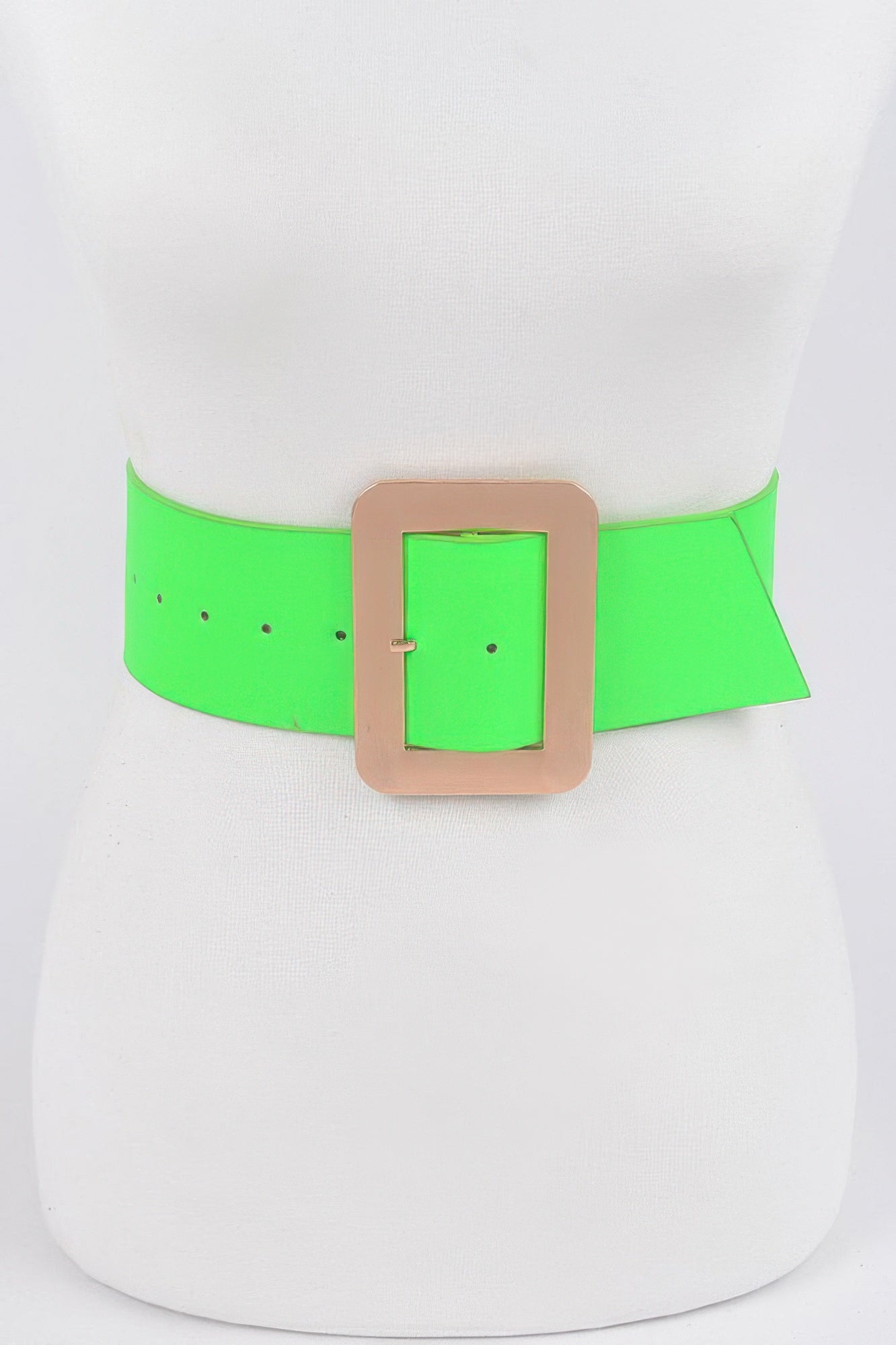 Neon green waist belt with rectangular beige buckle and metal pin, one-size