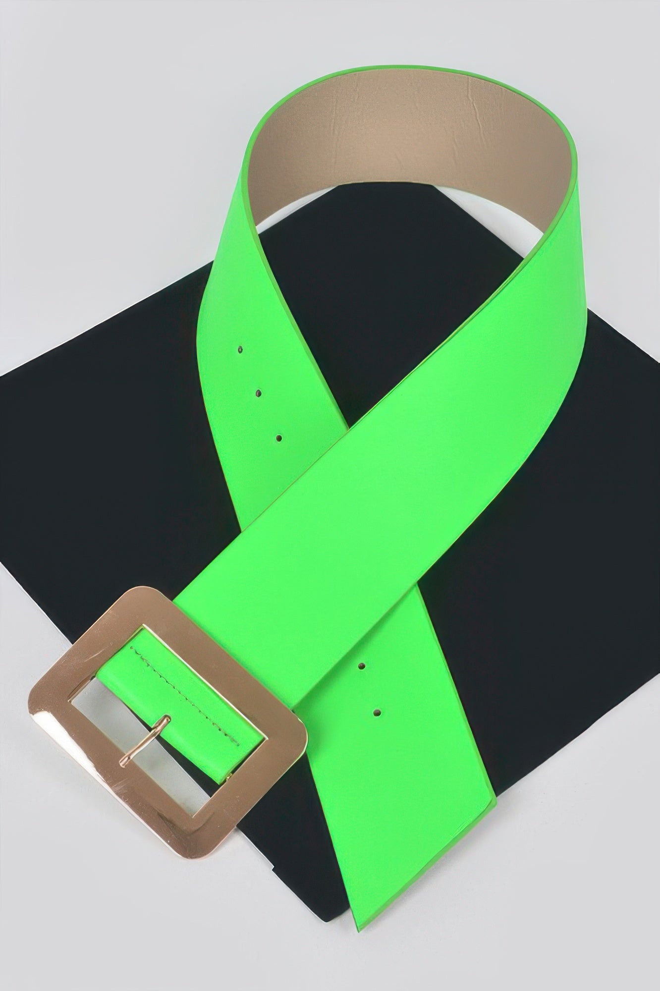 Neon green waist belt with rectangular buckle and metal pin detail