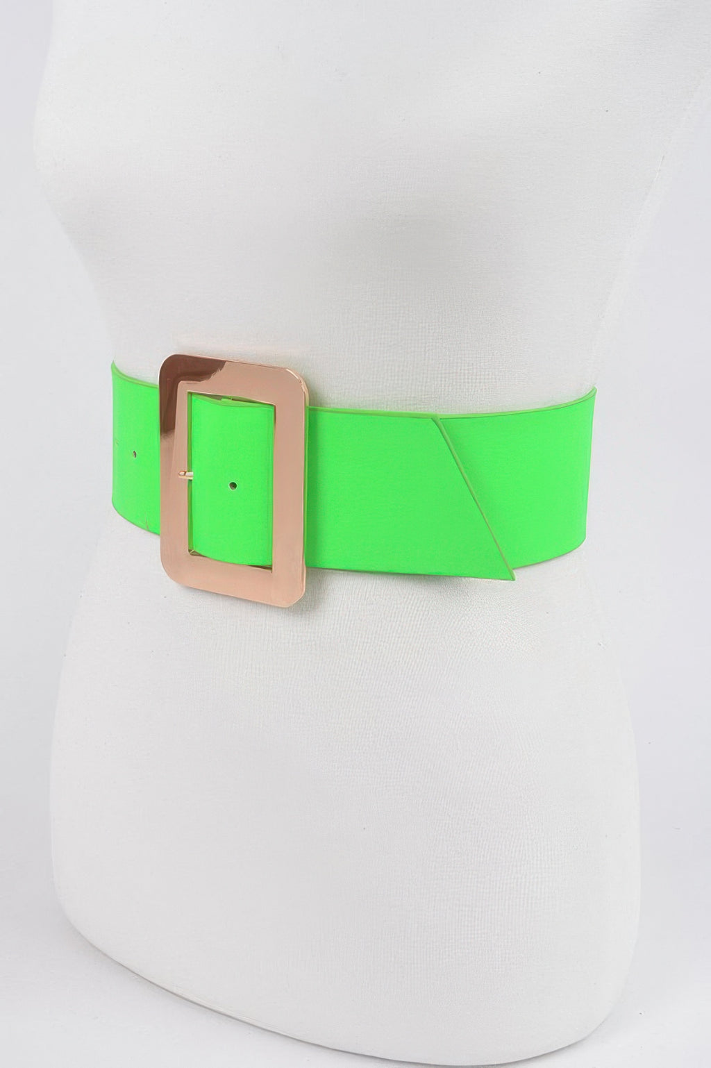 Neon green waist belt with rectangular beige buckle and metal pin