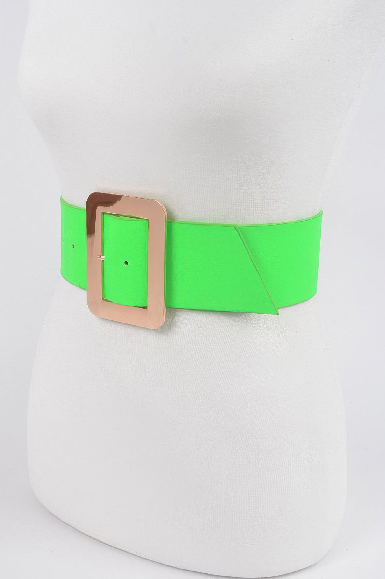Neon green waist belt with rectangular beige buckle and metal pin