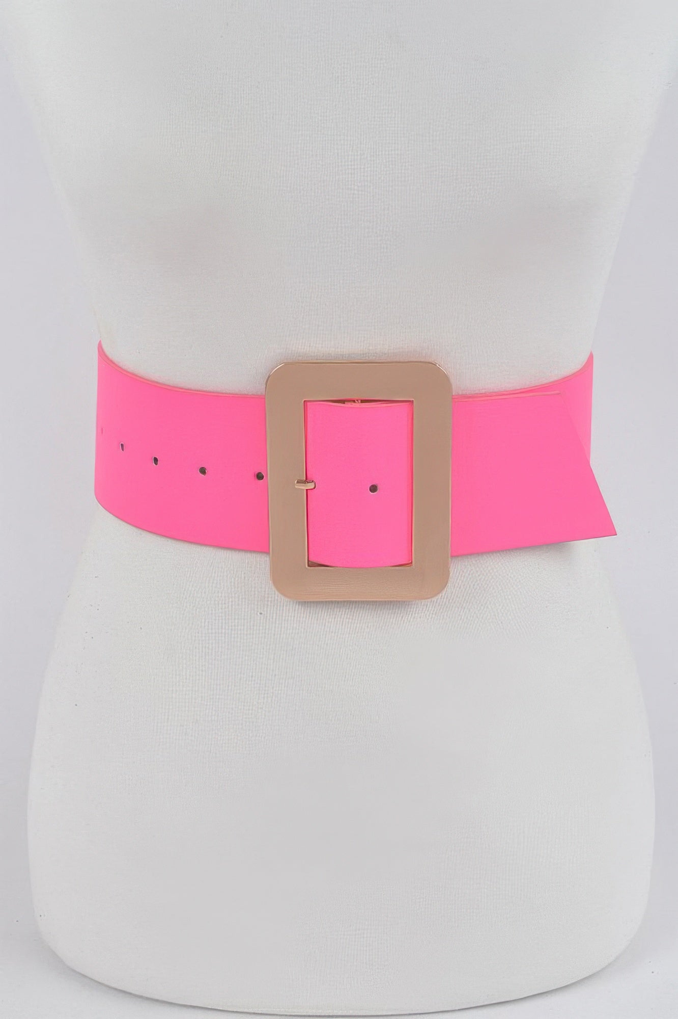 Neon pink waist belt with rectangular beige buckle and metal pin, one-size