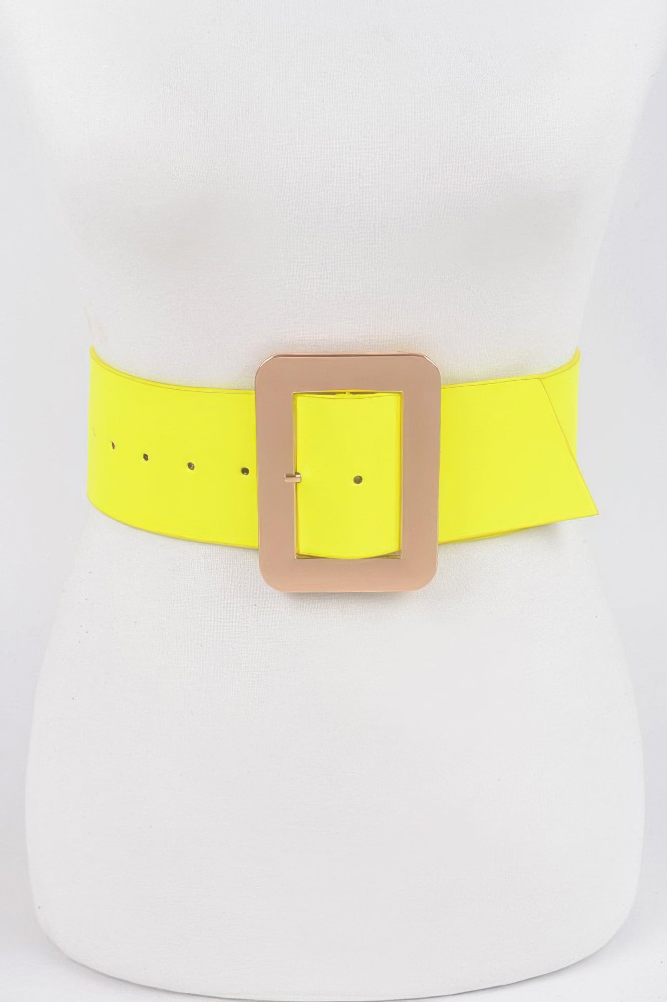 Neon yellow waist belt with rectangular beige buckle and metal pin, one-size