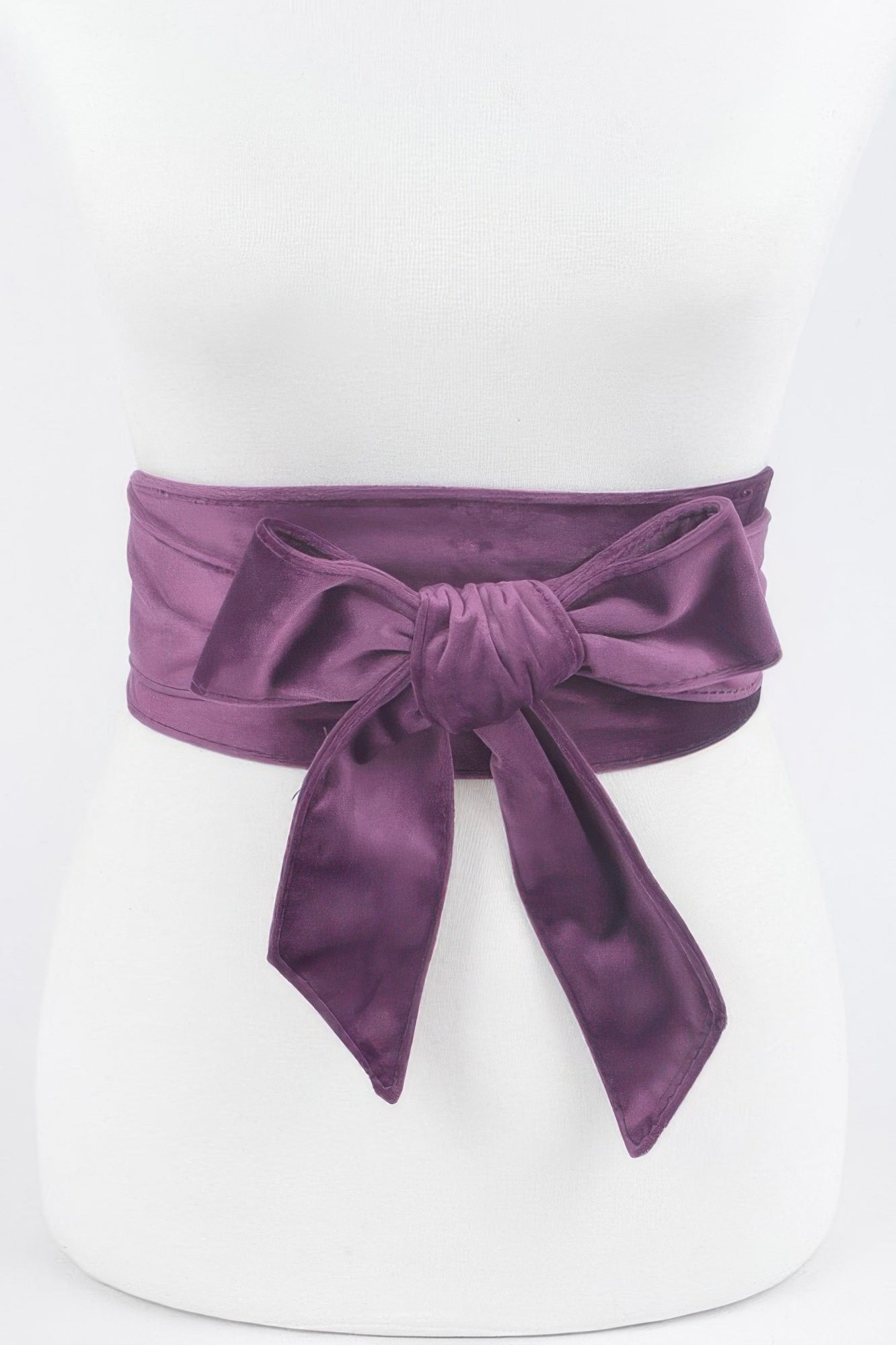 Velvet Kimono Belt (Purple): wide sash with central bow and two long hanging ribbon tails