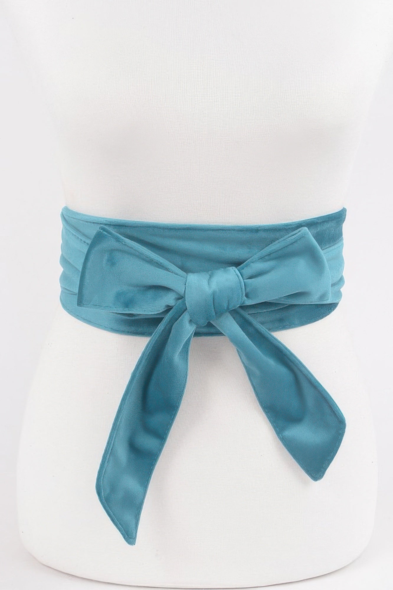 Velvet Kimono Belt (Teal Blue): wide sash with front knot bow and long ribbon tails