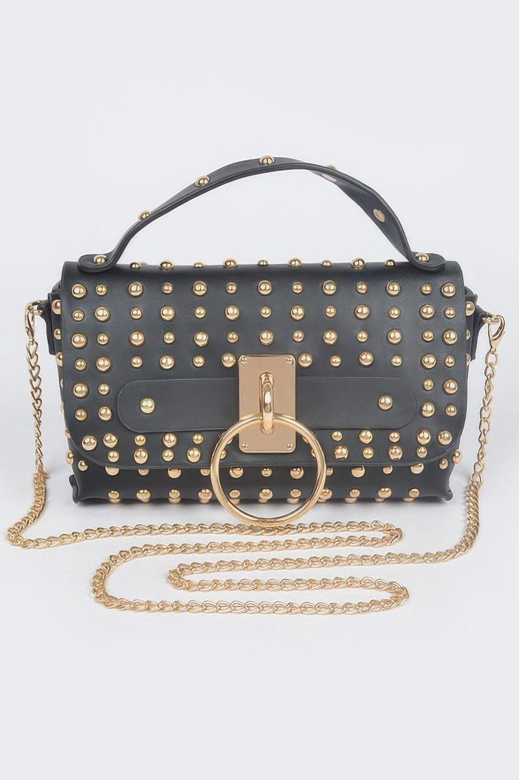Multi Purpose studded clutch, black with gold studs, front flap and O-ring clasp