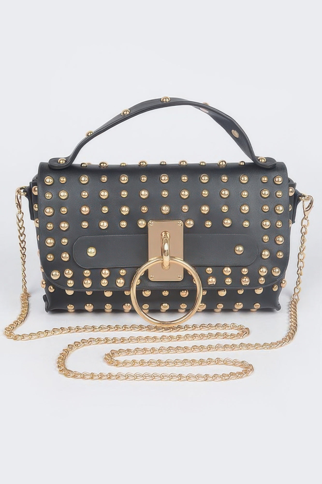Multi Purpose studded clutch, black with gold studs, front flap and O-ring clasp