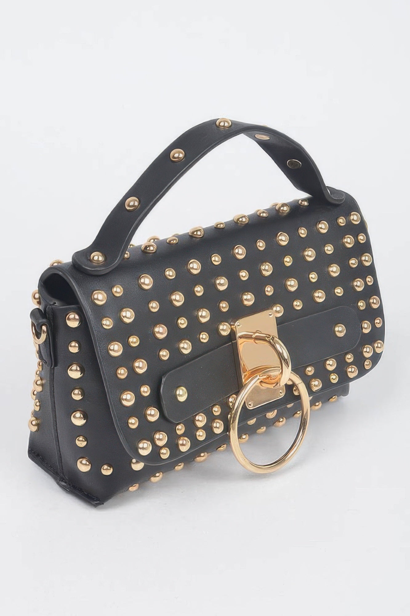 Black studded clutch bag with gold studs, curved top handle and chain strap