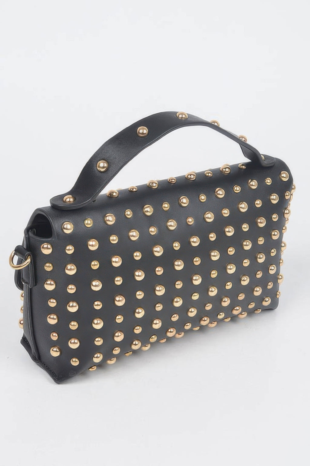 Black studded mini bag with gold-tone studs and curved handle top