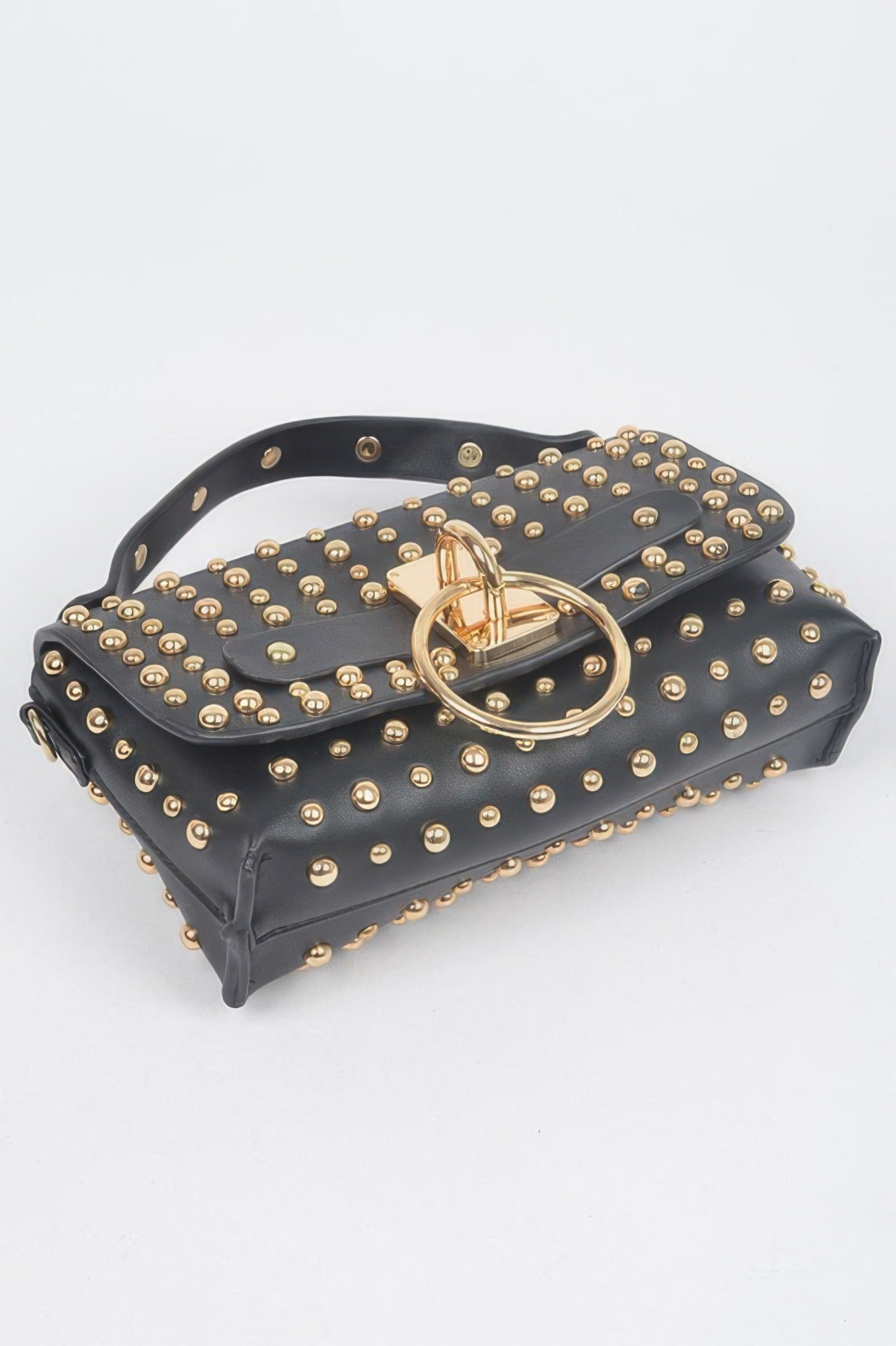 Studded black clutch with gold studs, large O-ring clasp on the top flap