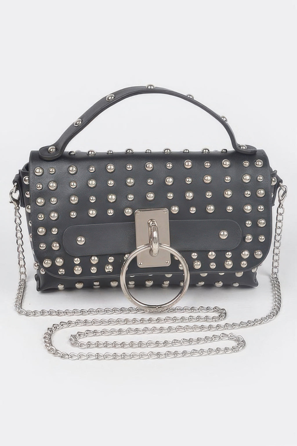 Black gold-studded clutch with flap closure and O-ring clasp, chain shoulder strap