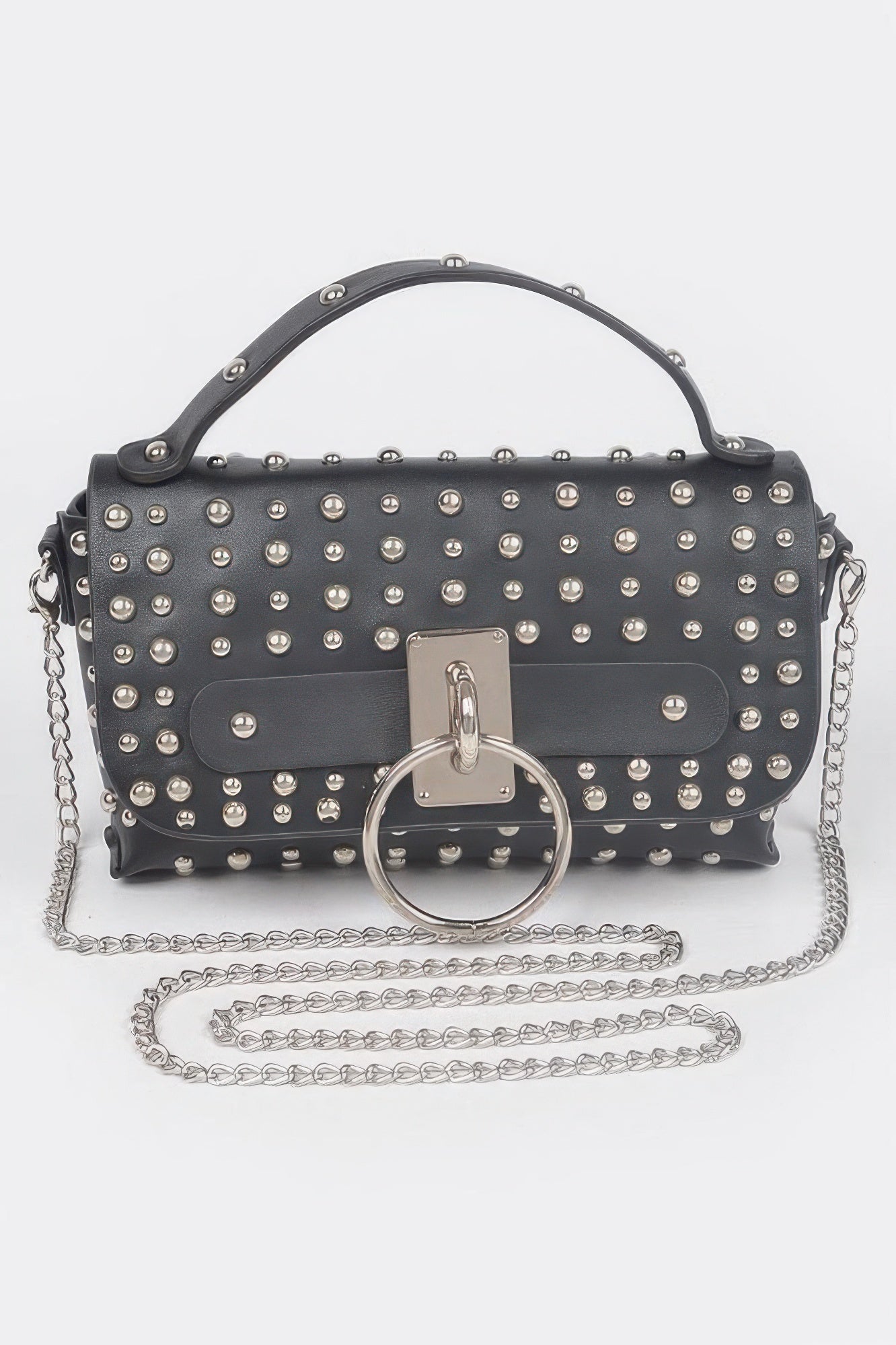 Black gold-studded clutch with flap closure and O-ring clasp, chain shoulder strap
