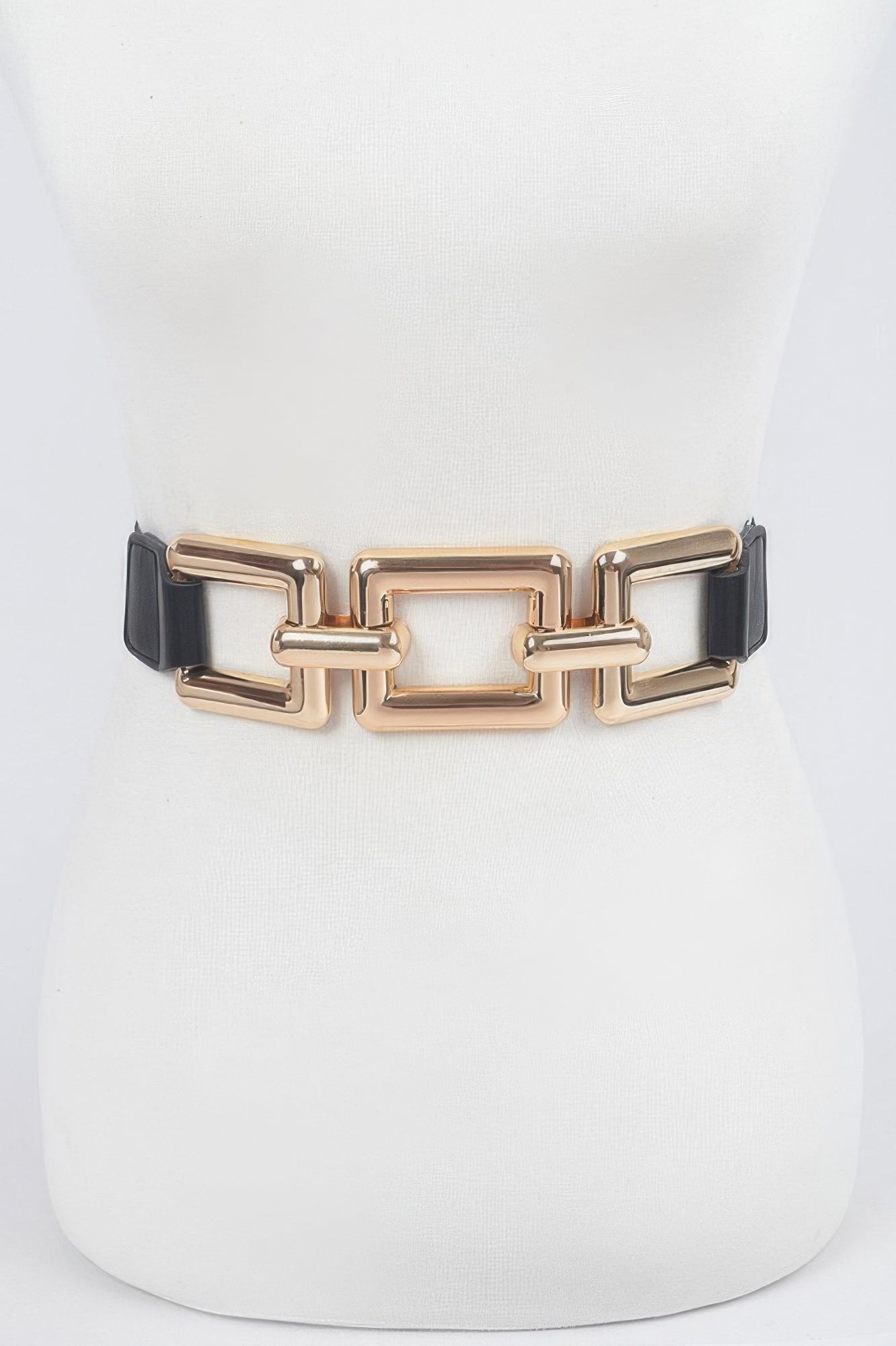 Oversized metal stretch belt, black with gold-tone square links