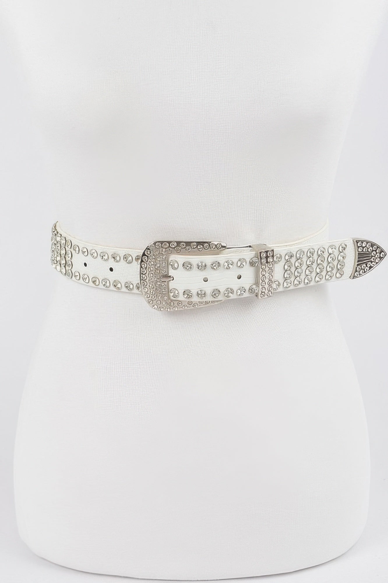Studded poly belt in white with rectangular rhinestone buckle and silver studs