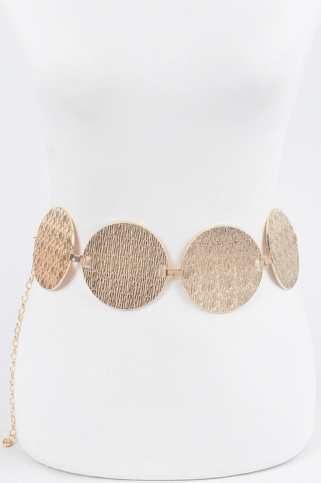 Gold circular plated belt with textured round discs and extender chain