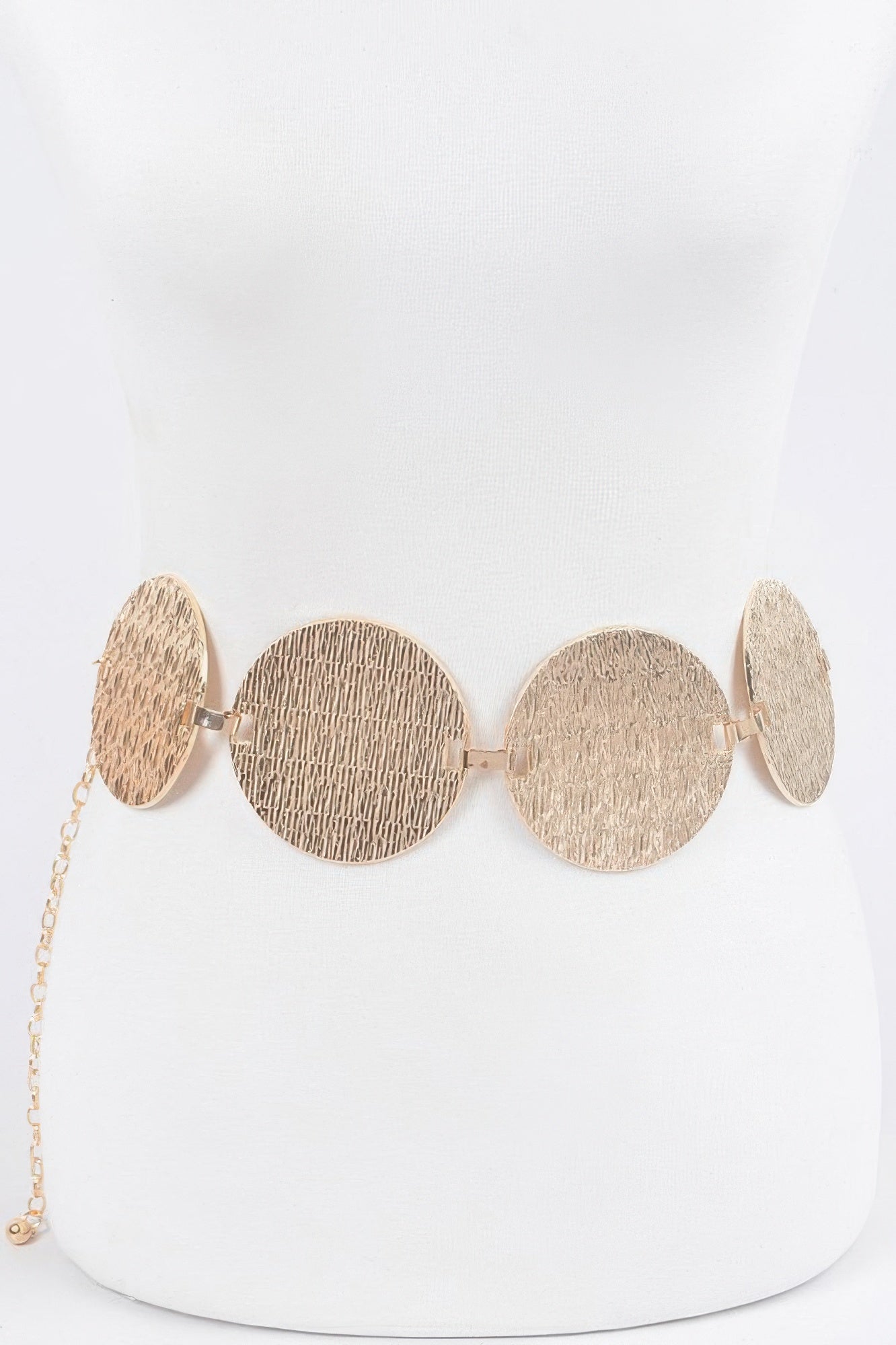 Gold circular plated belt with textured round discs and extender chain