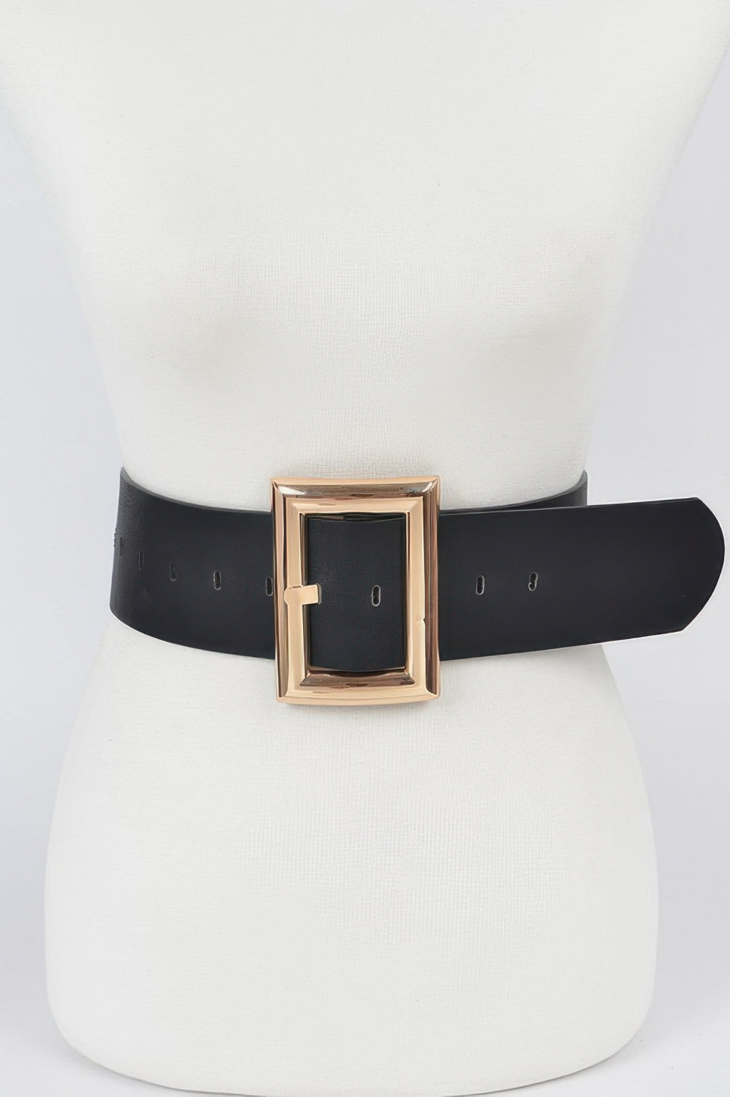 Simple Rectangle Buckle Plus Size Belt, black strap with gold-tone rectangular buckle