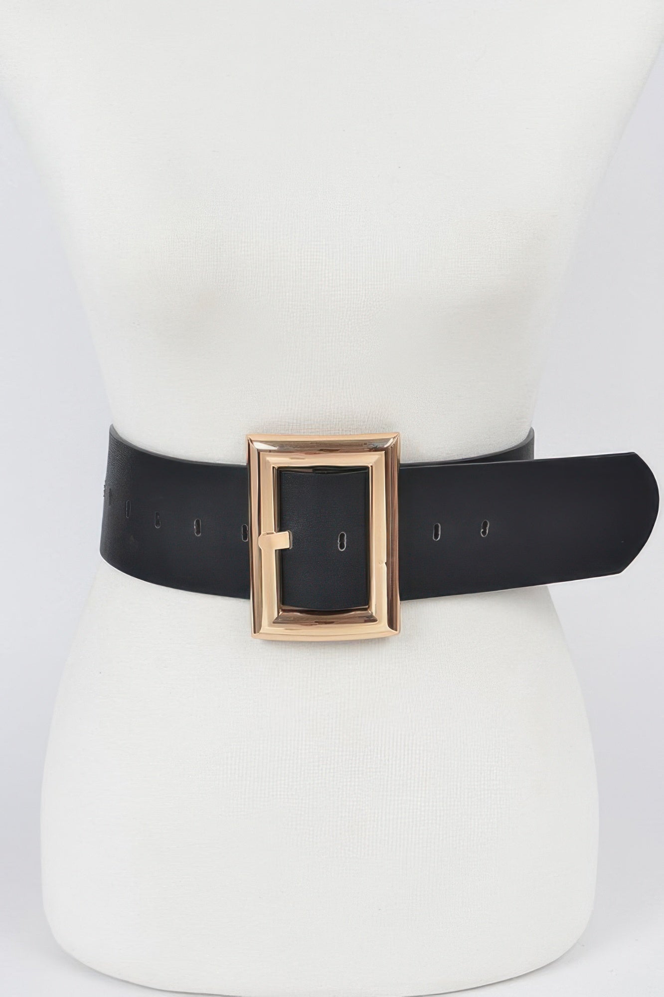 Simple Rectangle Buckle Plus Size Belt, black strap with gold-tone rectangular buckle