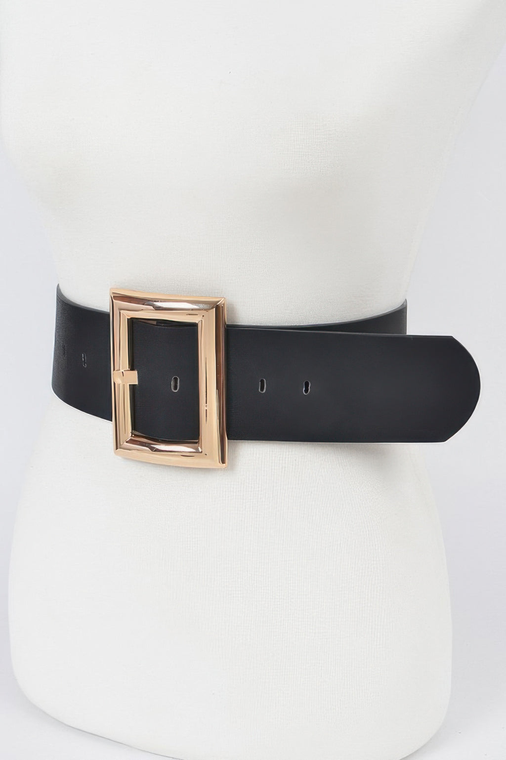 Plus size belt with black strap and gold-tone rectangular buckle, centered front view