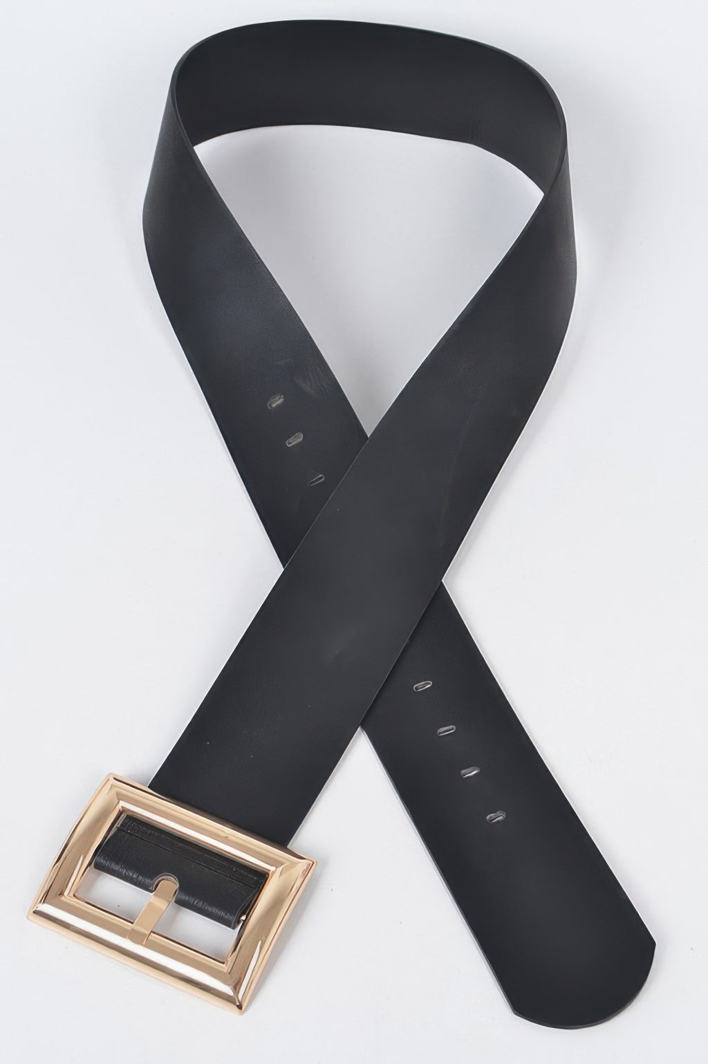 Black belt with gold-tone rectangle buckle and multiple adjustment holes