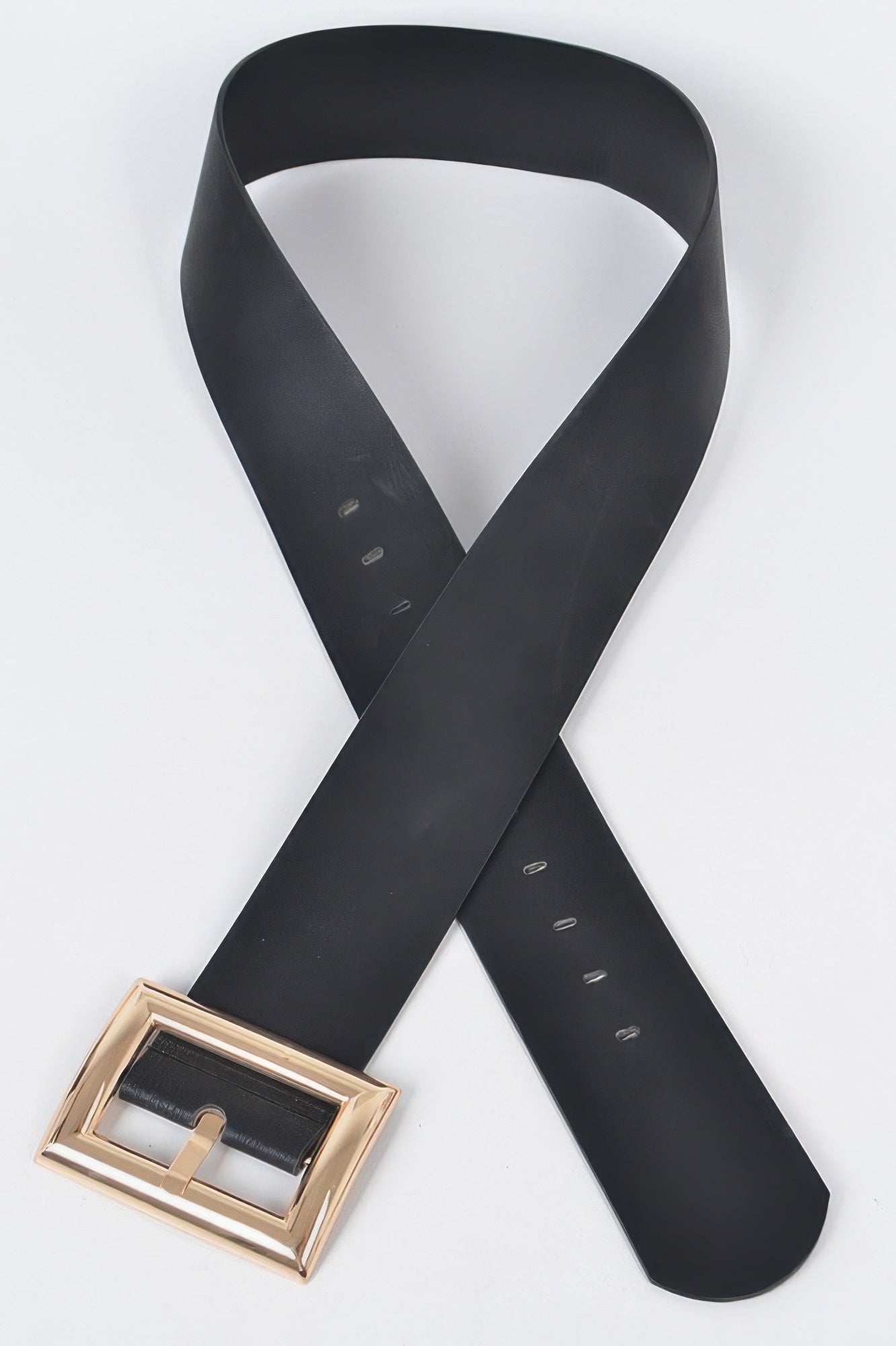 Black belt with gold-tone rectangle buckle and multiple adjustment holes