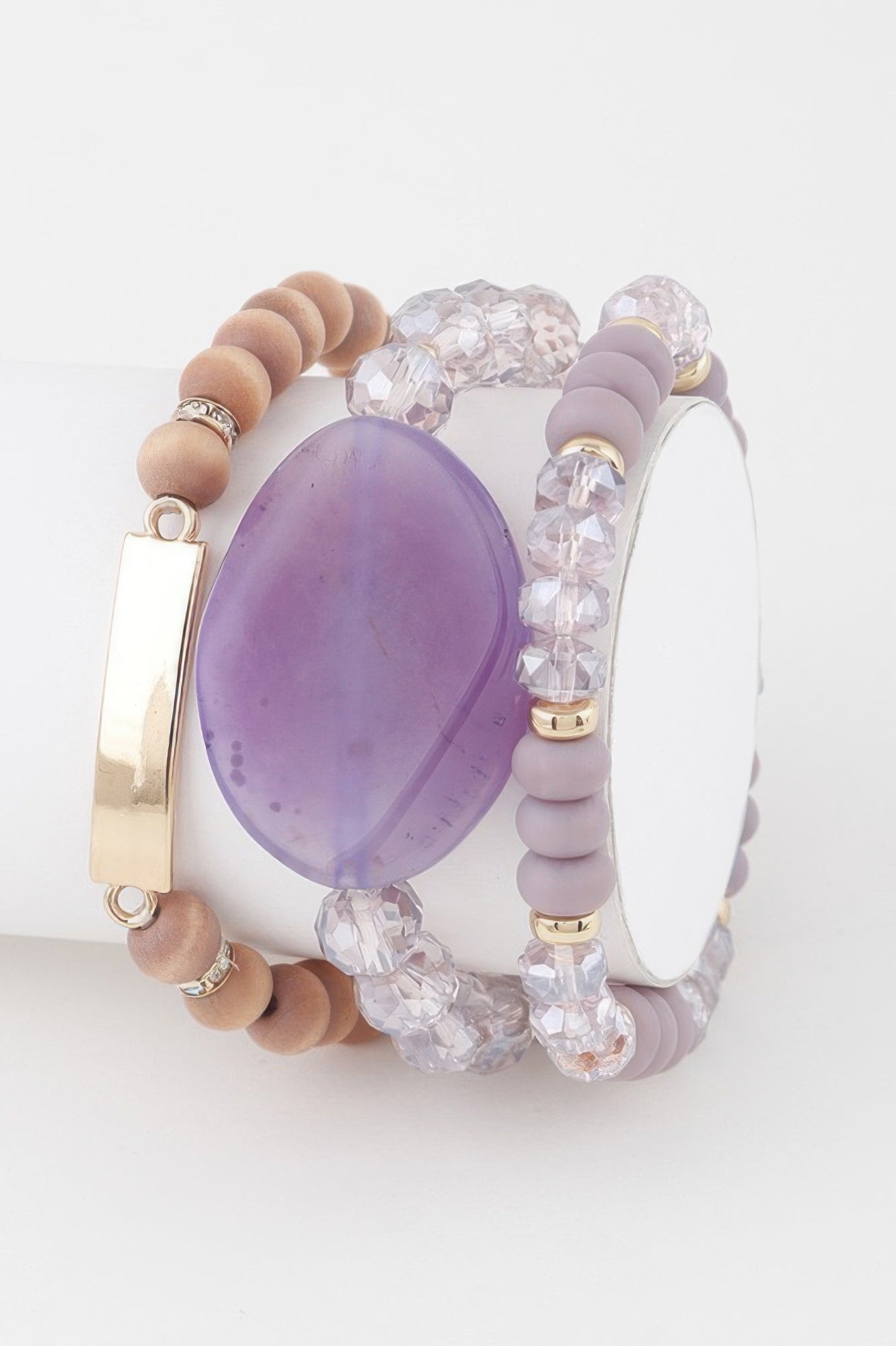 Giant Stone Bead Bracelet with purple oval stone, clear crystals, and gold-tone beads