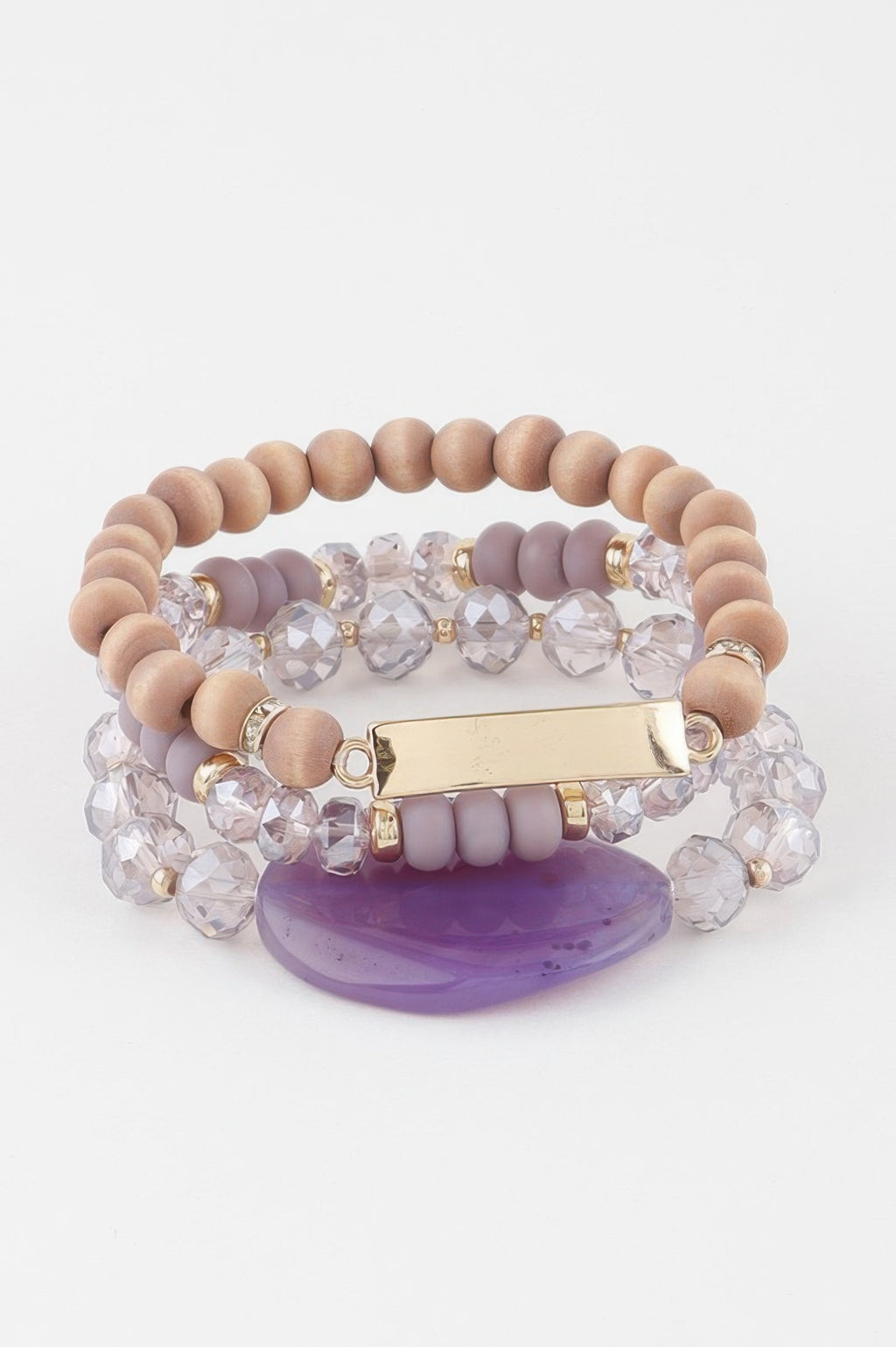 Giant Stone Bead Bracelet with large lilac oval stone, clear crystals, and bead stacks
