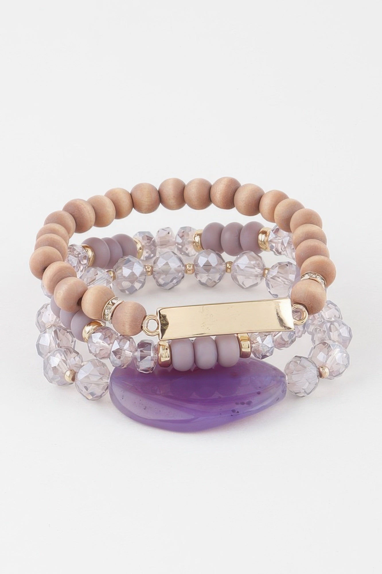 Giant Stone Bead Bracelet with large lilac oval stone, clear crystals, and bead stacks